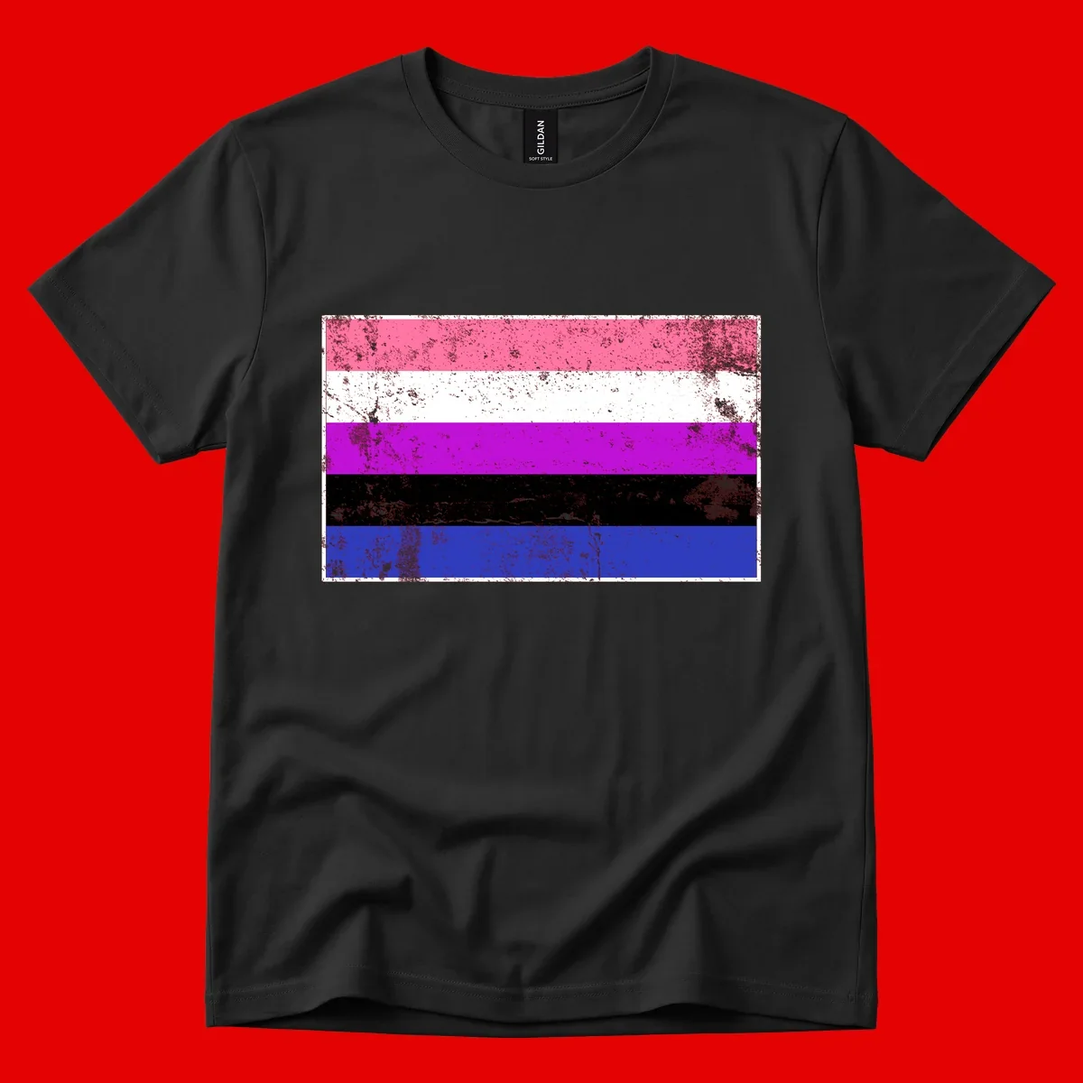 Genderqueer pride flag with horizontal stripes in hot pink, white, magenta, black, and blue featuring distressed grunge texture