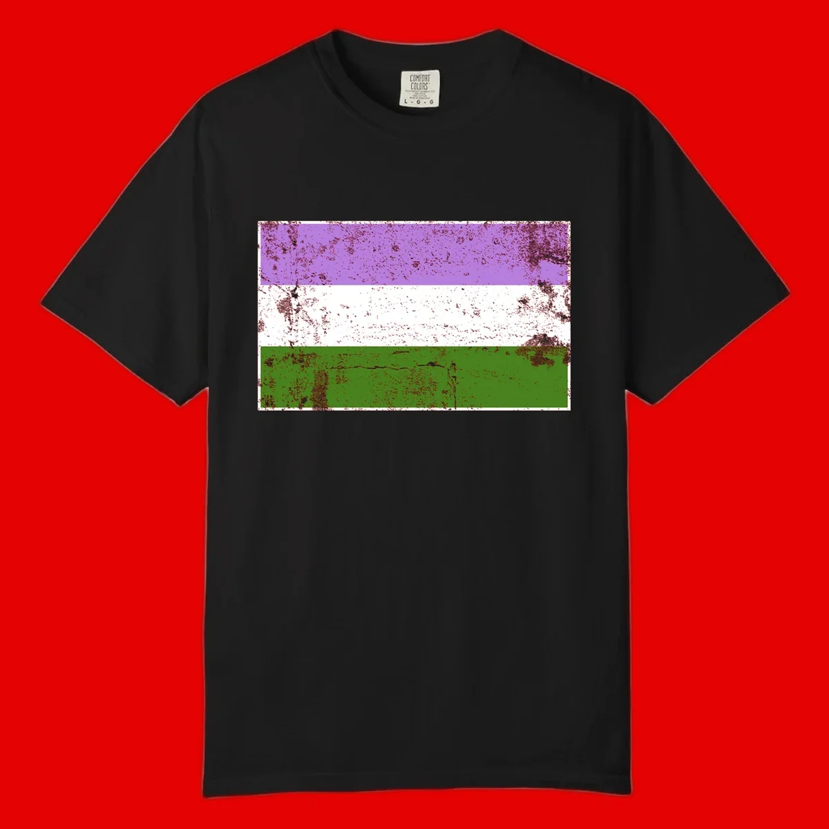 Genderqueer pride flag with purple, white, and green horizontal stripes featuring distressed grunge texture overlay