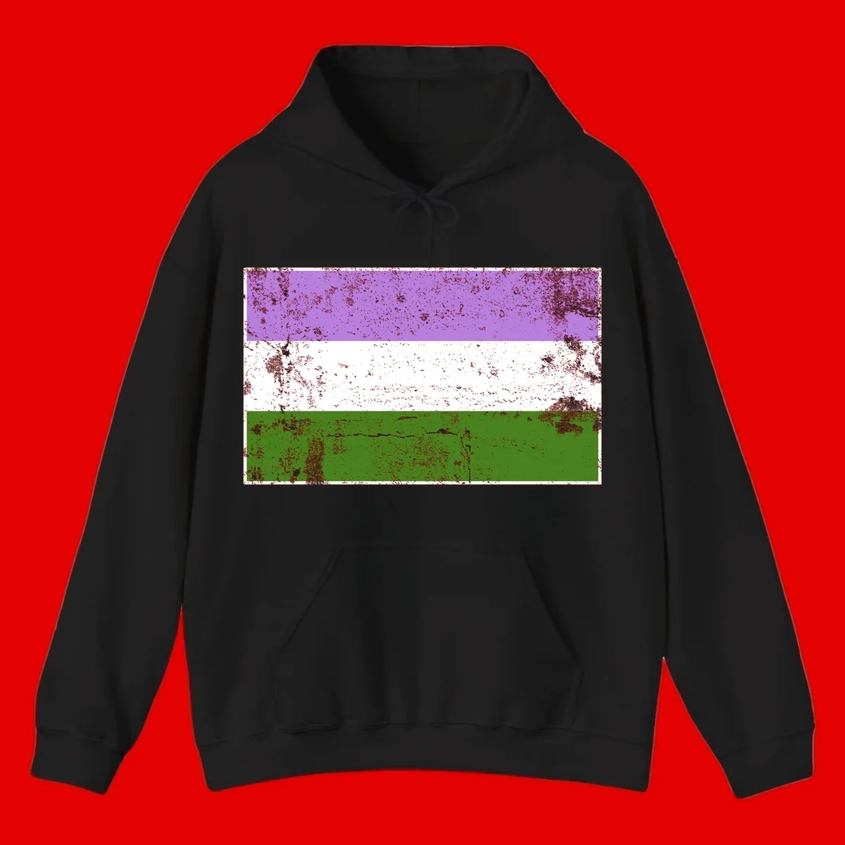 Genderqueer pride flag with purple, white, and green horizontal stripes featuring distressed grunge texture overlay