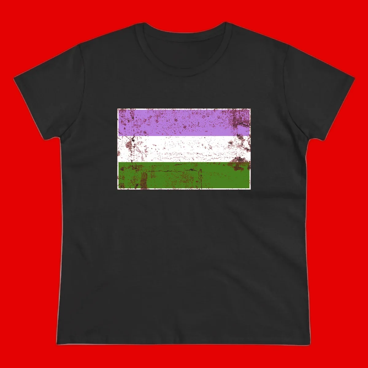 Genderqueer pride flag with purple, white, and green horizontal stripes featuring distressed grunge texture overlay