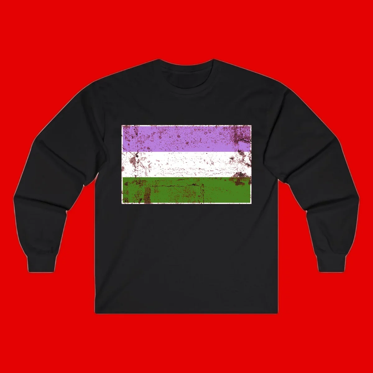 Genderqueer pride flag with purple, white, and green horizontal stripes featuring distressed grunge texture overlay