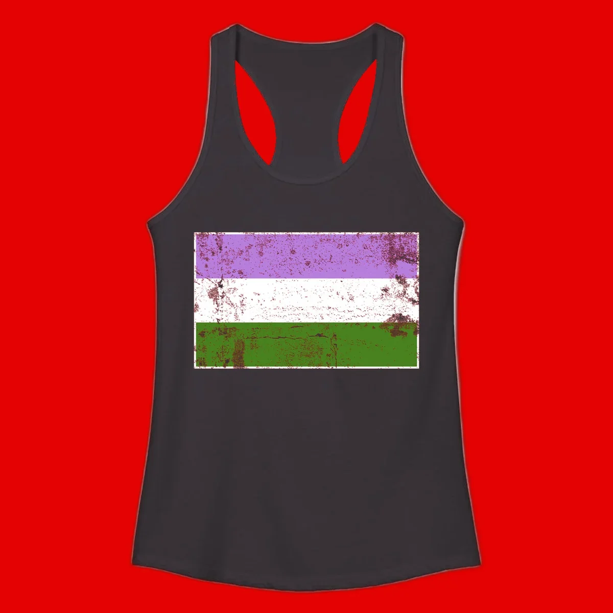 Genderqueer pride flag with purple, white, and green horizontal stripes featuring distressed grunge texture overlay