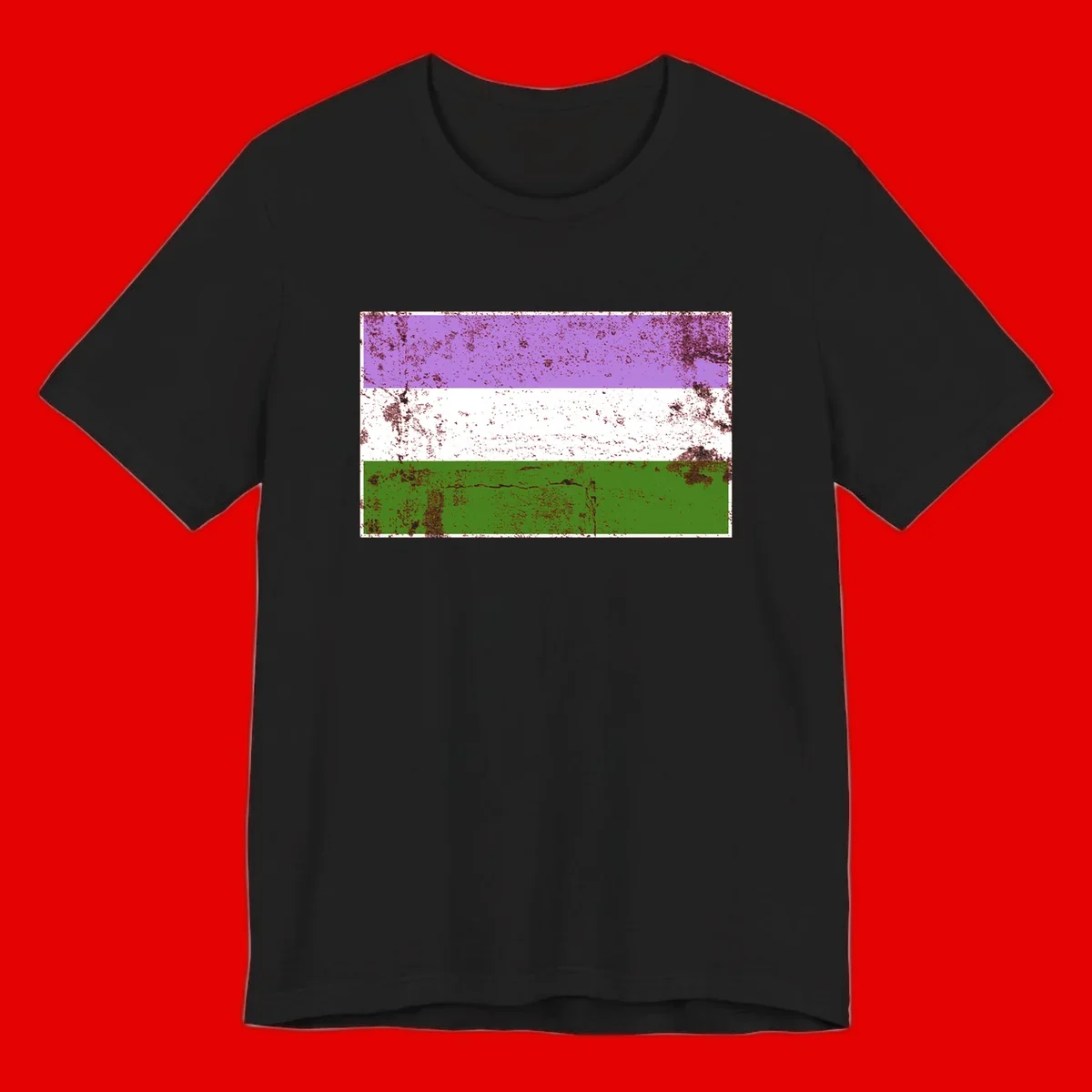 Genderqueer pride flag with purple, white, and green horizontal stripes featuring distressed grunge texture overlay