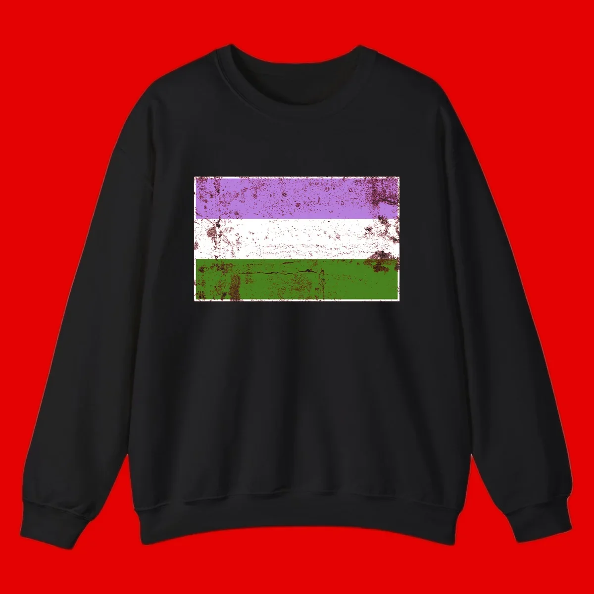 Genderqueer pride flag with purple, white, and green horizontal stripes featuring distressed grunge texture overlay