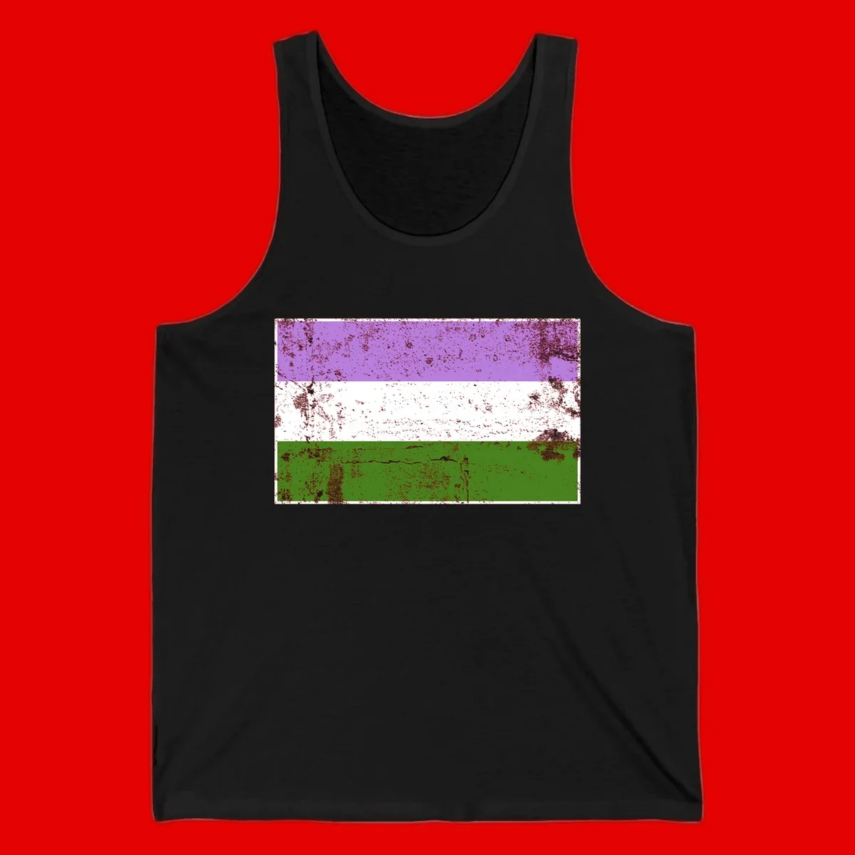 Genderqueer pride flag with purple, white, and green horizontal stripes featuring distressed grunge texture overlay
