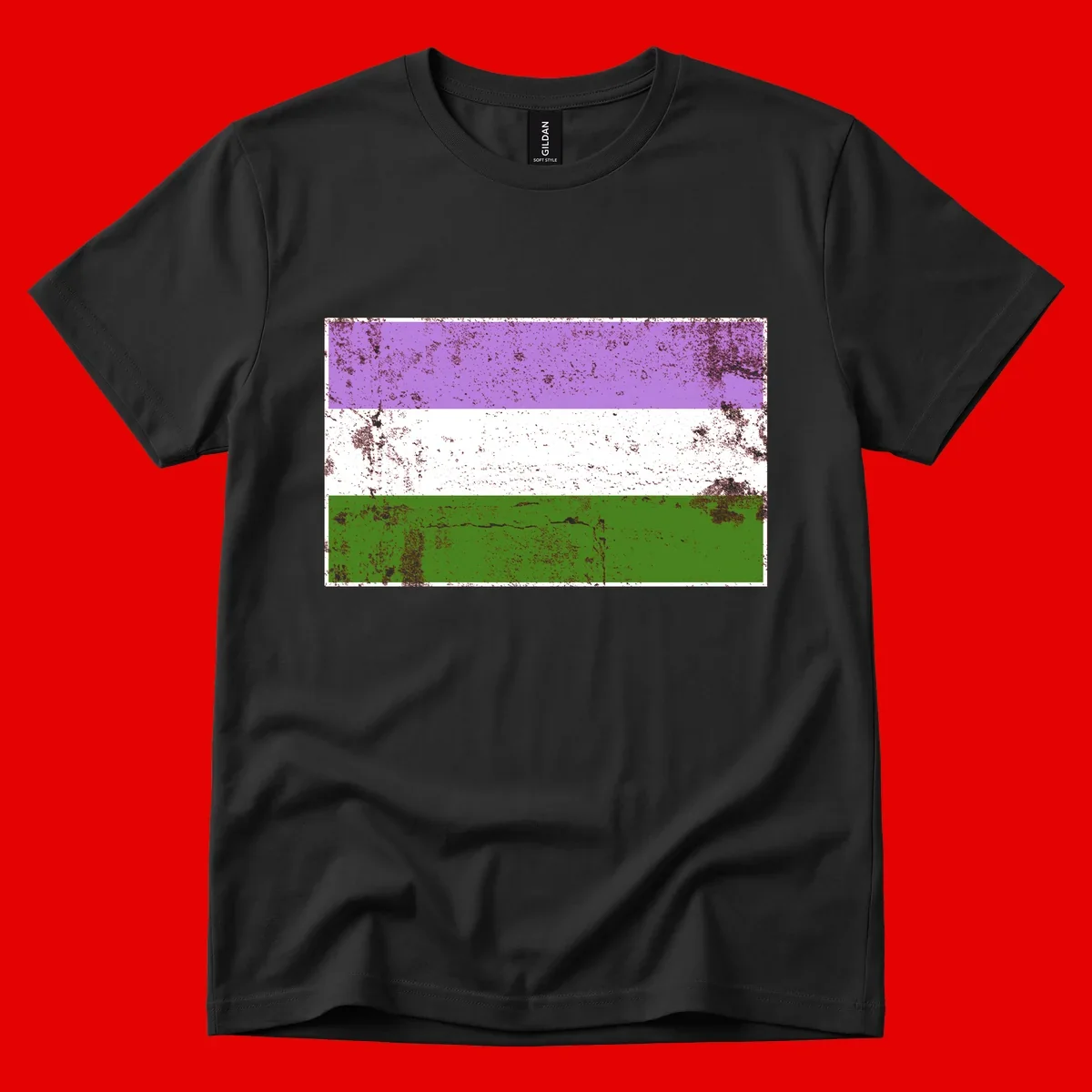 Genderqueer pride flag with purple, white, and green horizontal stripes featuring distressed grunge texture overlay
