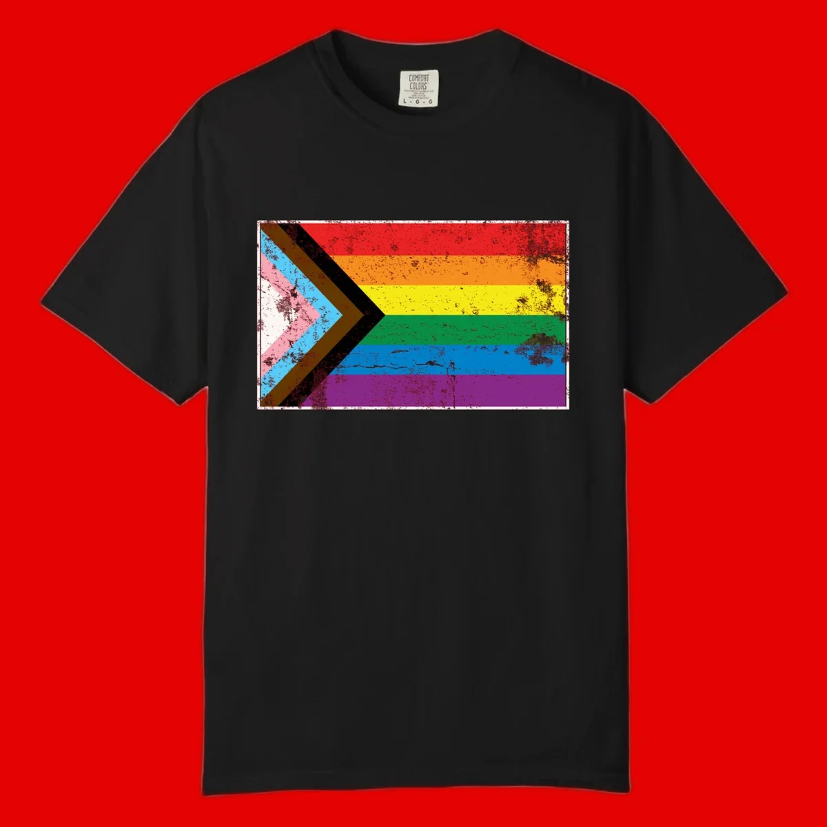 Progress pride intersectional flag with distressed texture featuring rainbow stripes and chevron design representing LGBTQ+ inclusion and equality