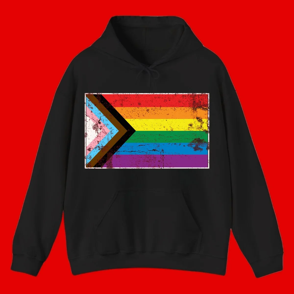 Progress pride intersectional flag with distressed texture featuring rainbow stripes and chevron design representing LGBTQ+ inclusion and equality