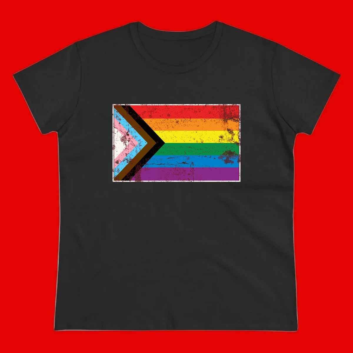 Progress pride intersectional flag with distressed texture featuring rainbow stripes and chevron design representing LGBTQ+ inclusion and equality