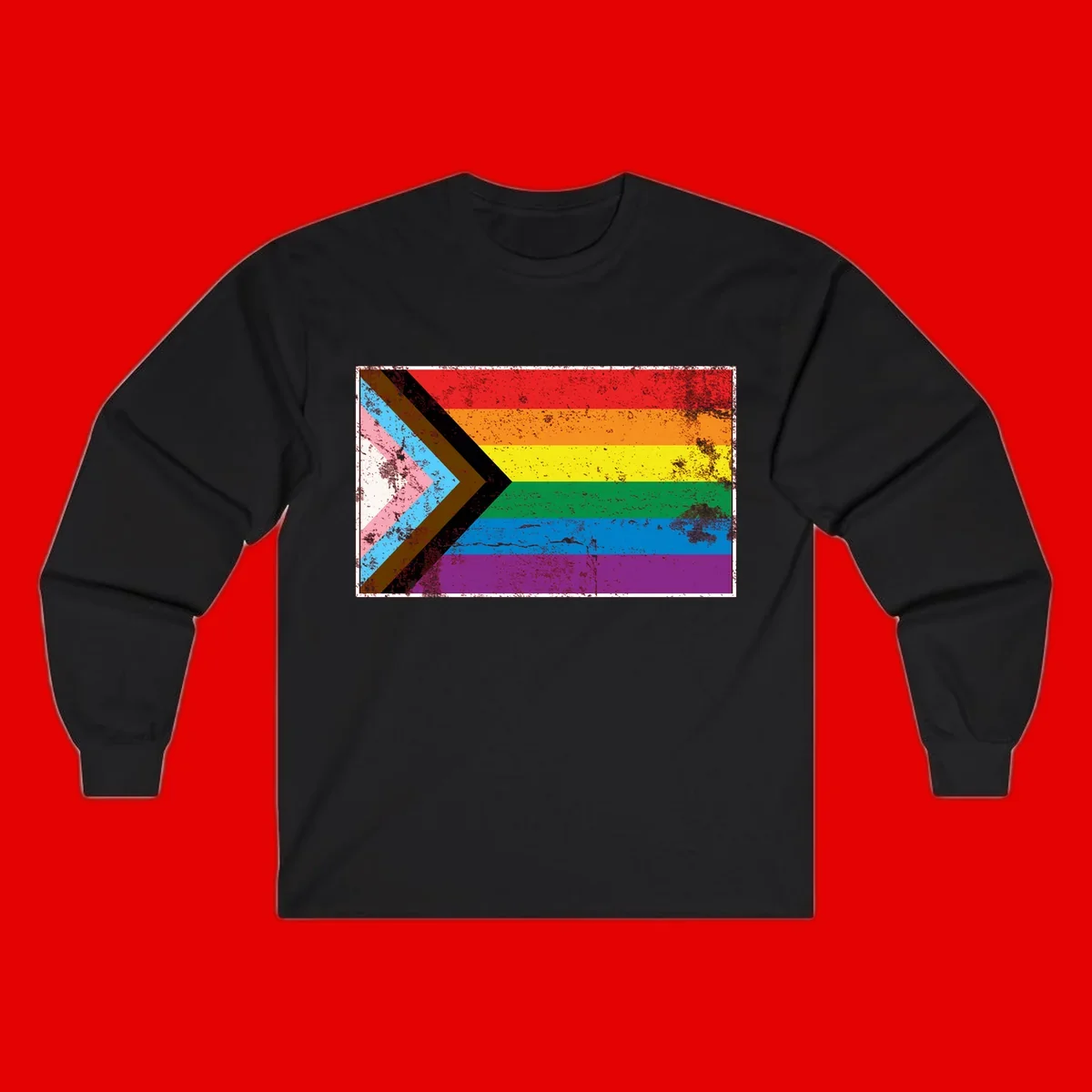 Progress pride intersectional flag with distressed texture featuring rainbow stripes and chevron design representing LGBTQ+ inclusion and equality