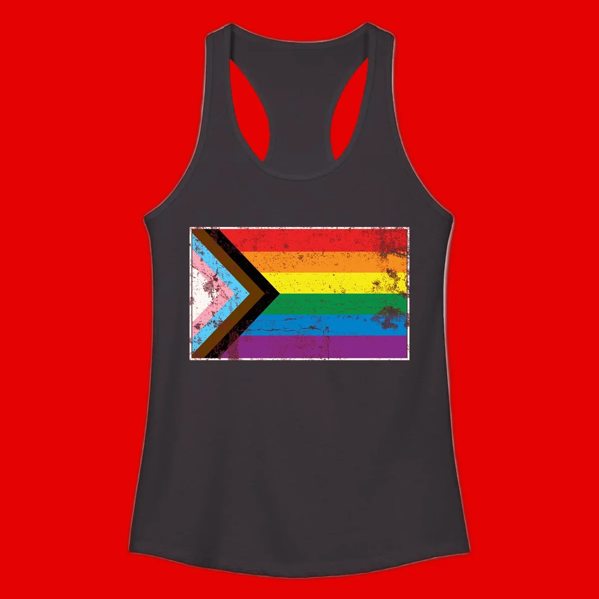 Progress pride intersectional flag with distressed texture featuring rainbow stripes and chevron design representing LGBTQ+ inclusion and equality