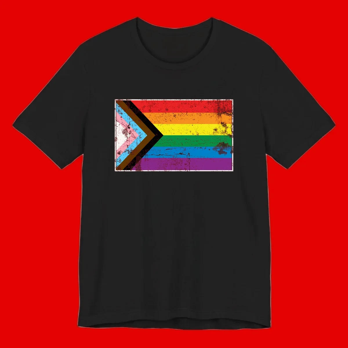 Progress pride intersectional flag with distressed texture featuring rainbow stripes and chevron design representing LGBTQ+ inclusion and equality