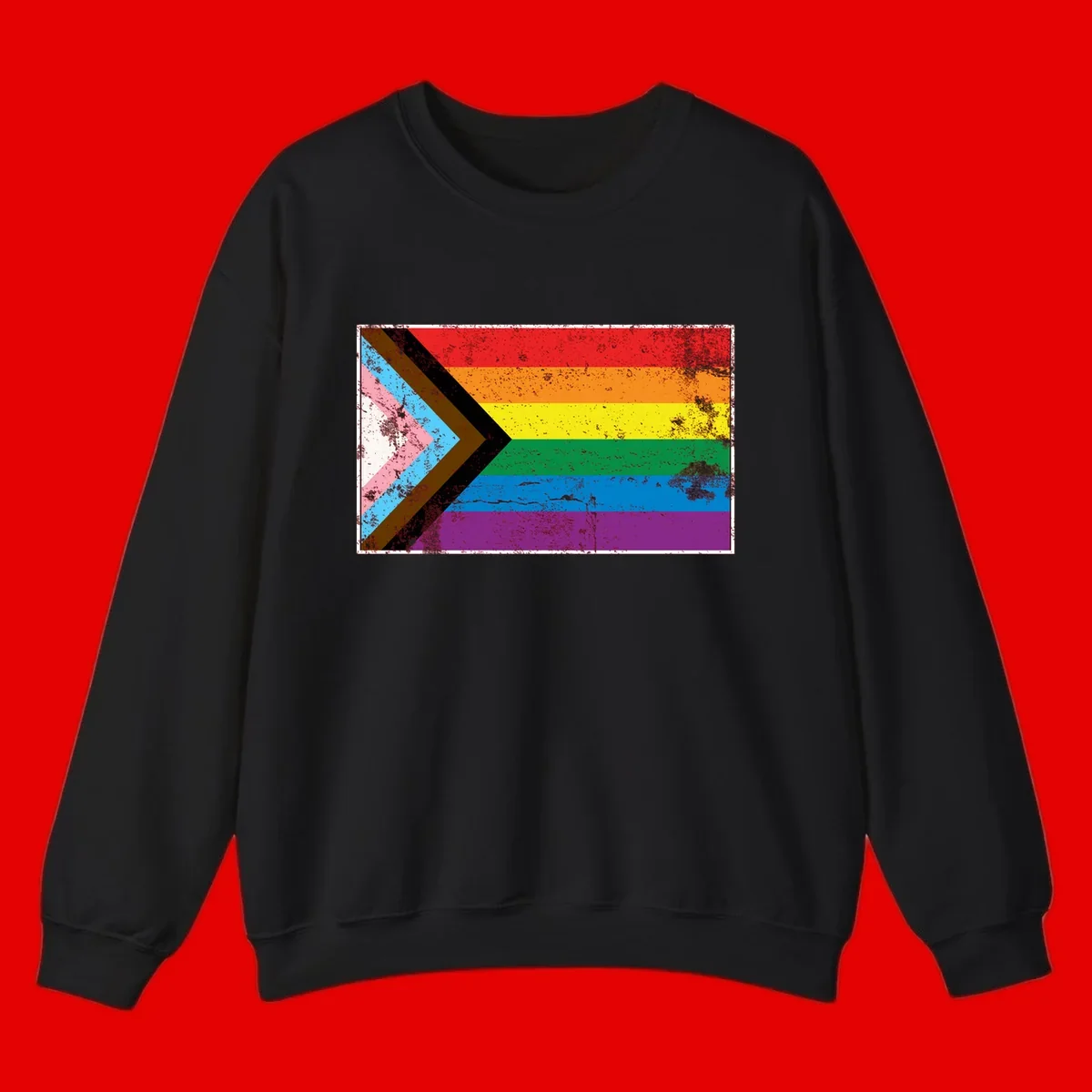 Progress pride intersectional flag with distressed texture featuring rainbow stripes and chevron design representing LGBTQ+ inclusion and equality