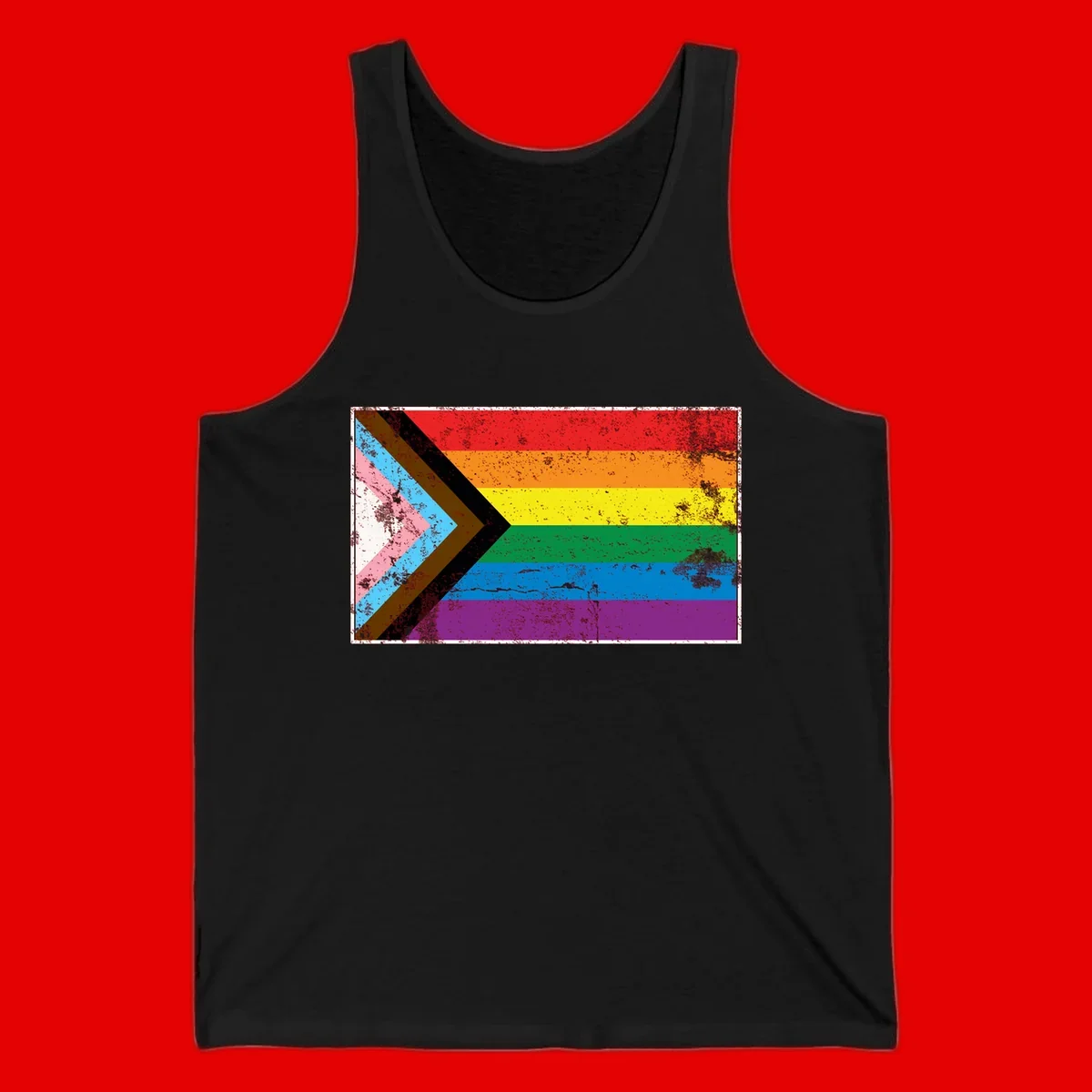 Progress pride intersectional flag with distressed texture featuring rainbow stripes and chevron design representing LGBTQ+ inclusion and equality