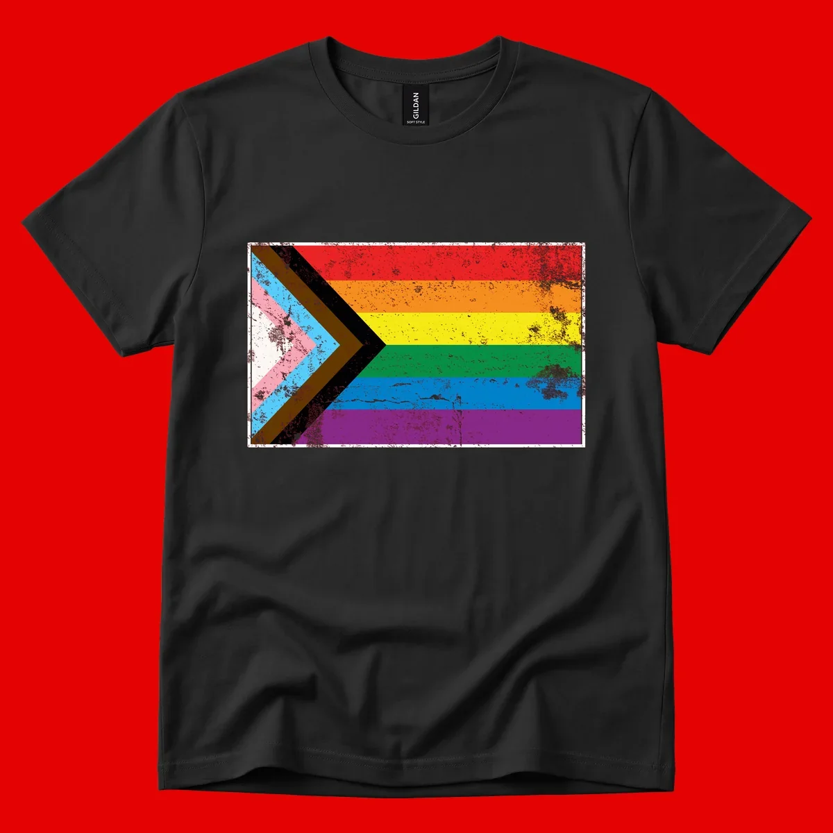 Progress pride intersectional flag with distressed texture featuring rainbow stripes and chevron design representing LGBTQ+ inclusion and equality