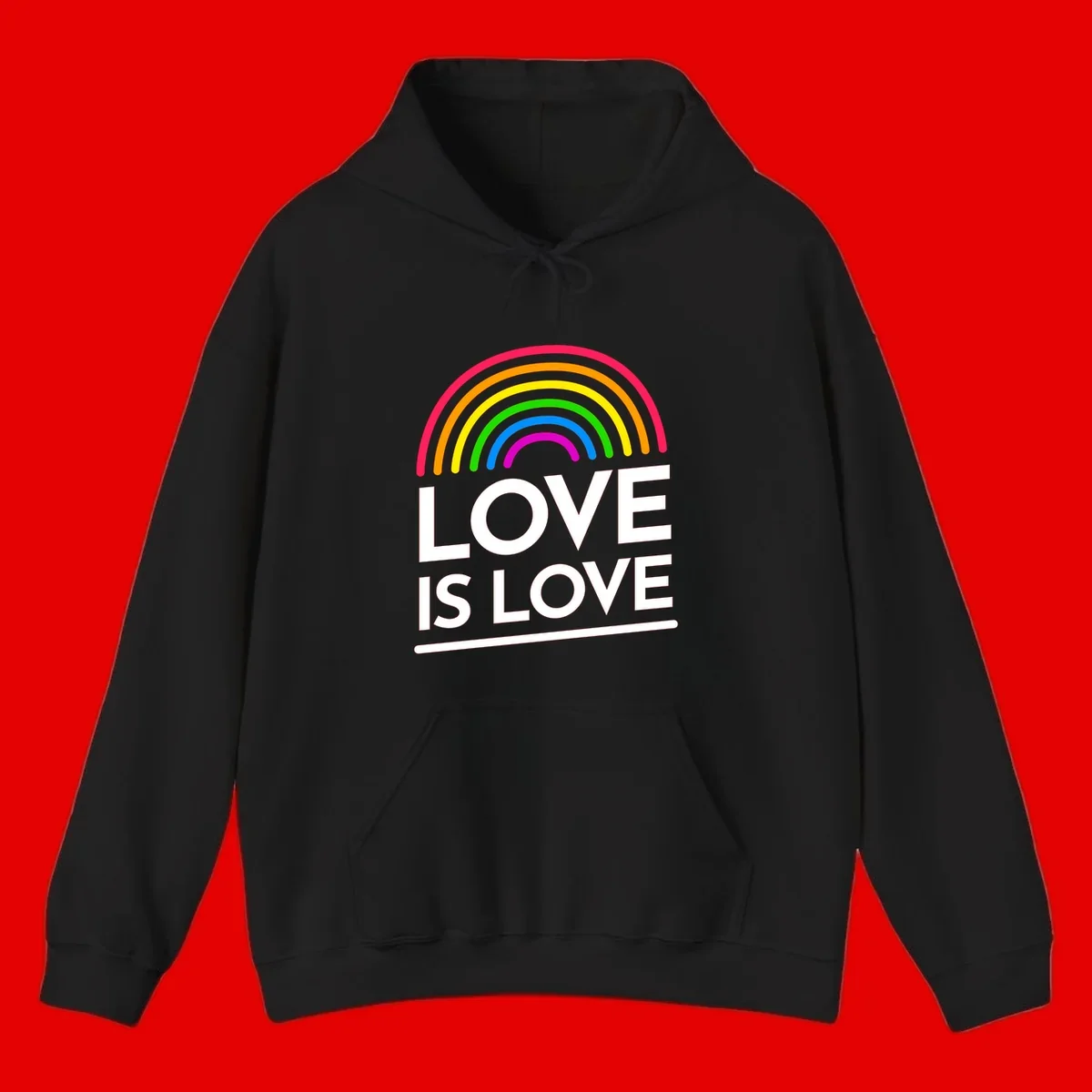 Love is love pride design with colorful rainbow arc and white text on gray background