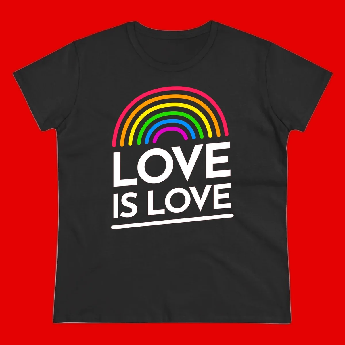 Love is love pride design with colorful rainbow arc and white text on gray background