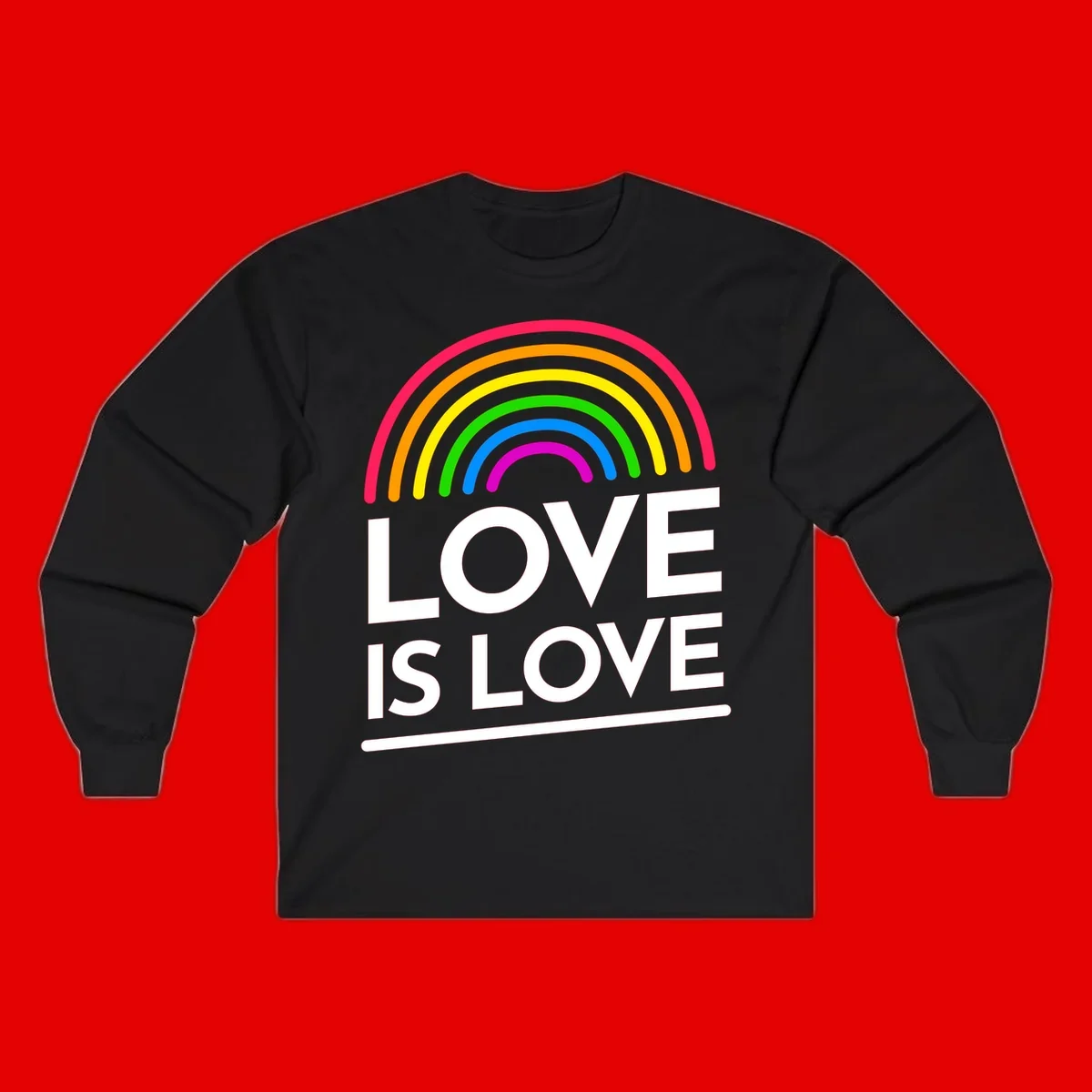 Love is love pride design with colorful rainbow arc and white text on gray background