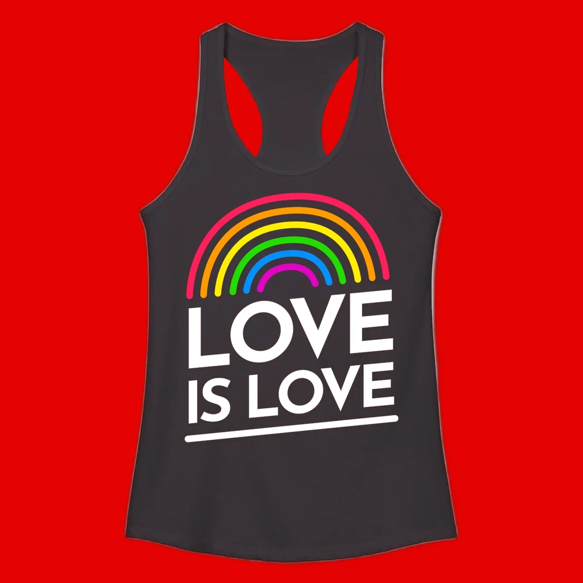 Love is love pride design with colorful rainbow arc and white text on gray background