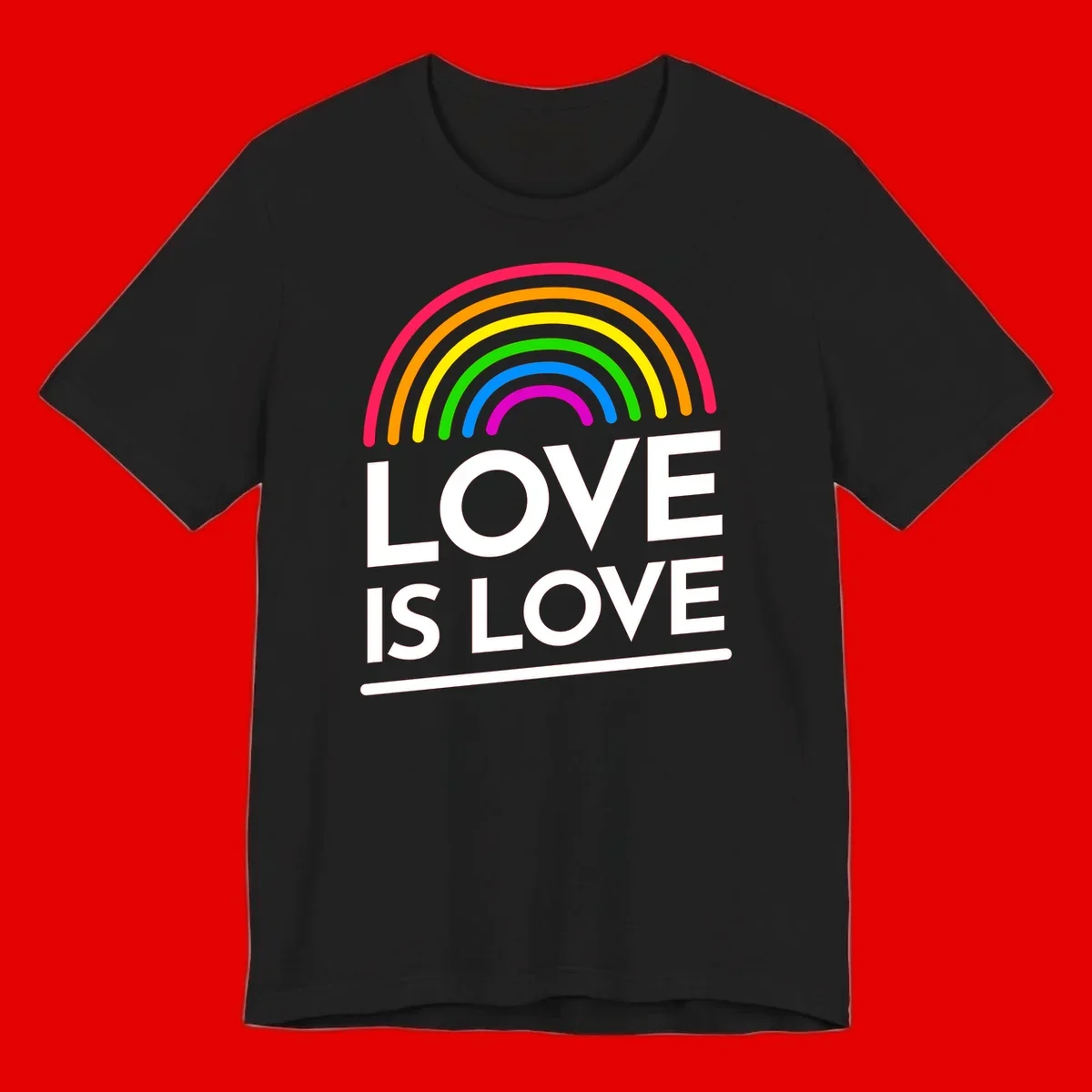 Love is love pride design with colorful rainbow arc and white text on gray background