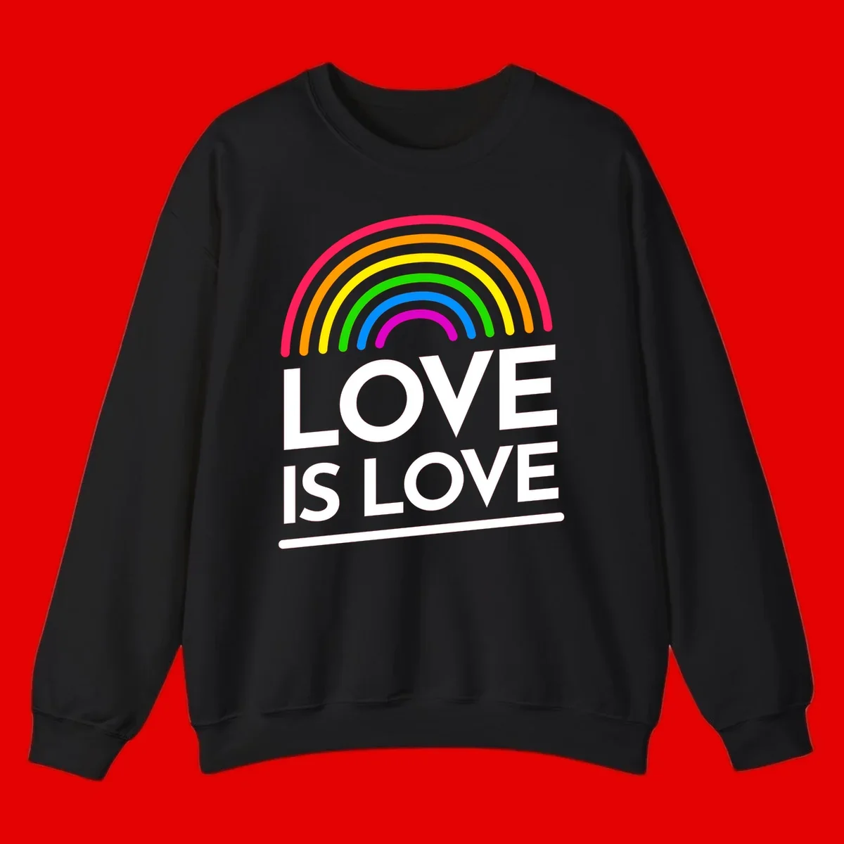 Love is love pride design with colorful rainbow arc and white text on gray background