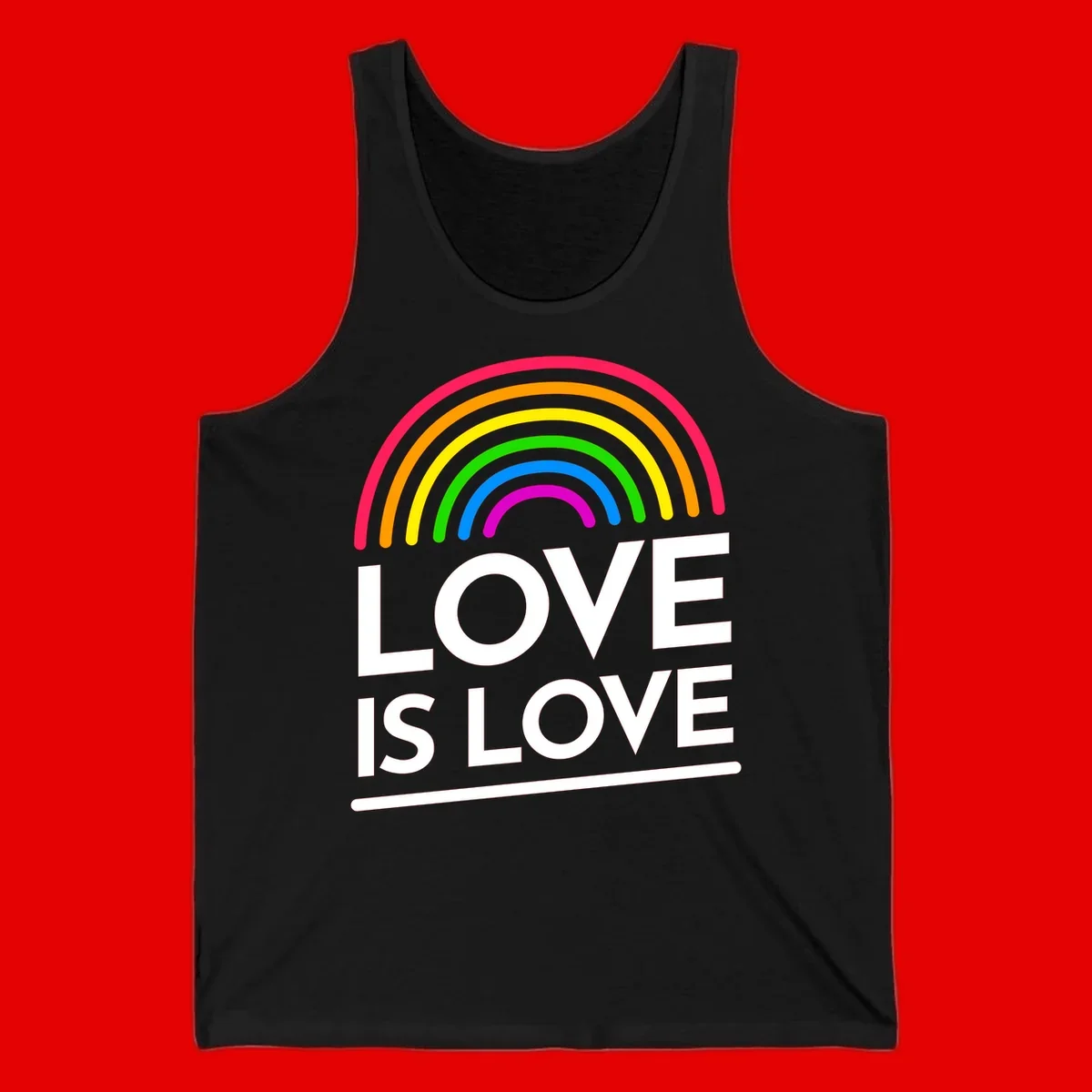 Love is love pride design with colorful rainbow arc and white text on gray background