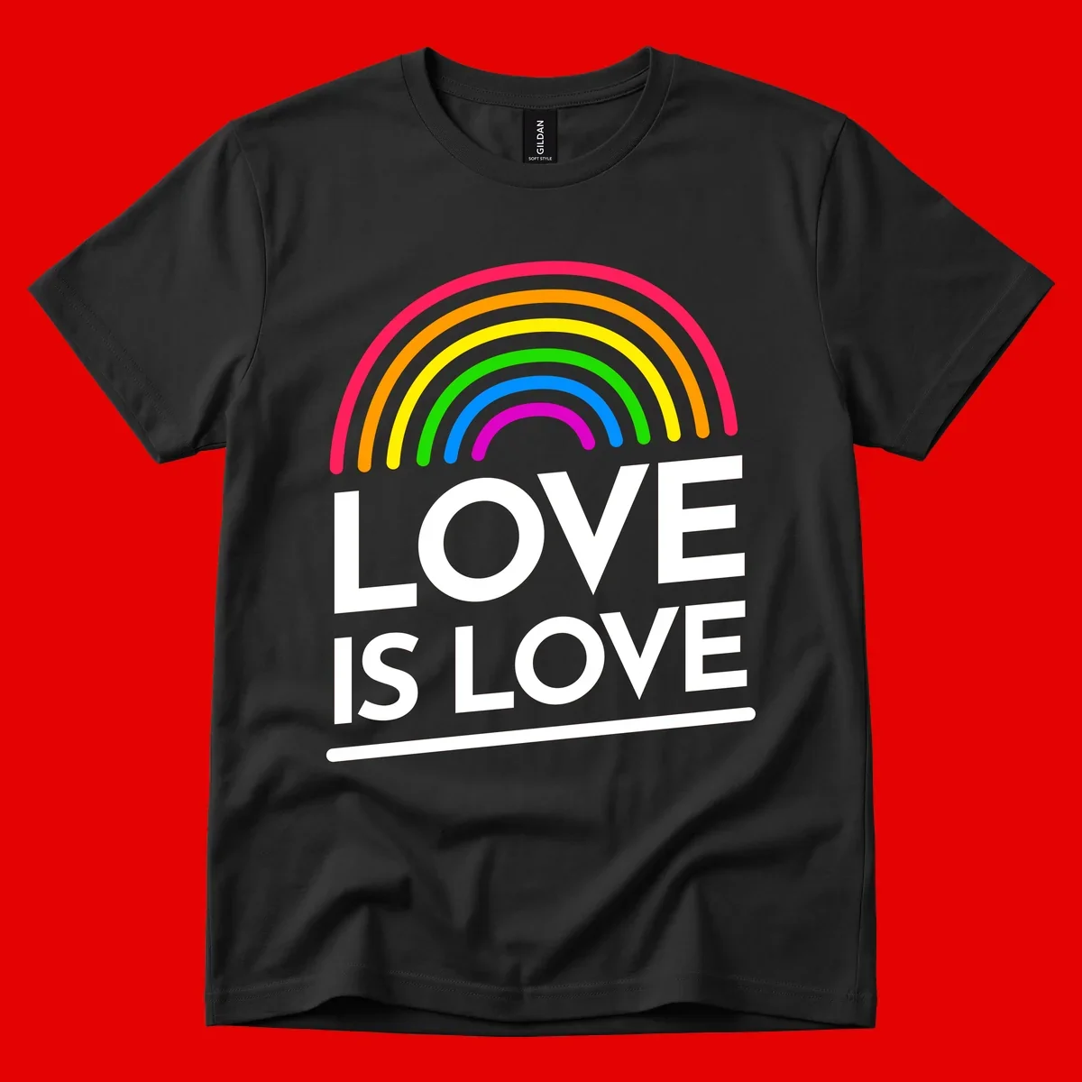 Love is love pride design with colorful rainbow arc and white text on gray background