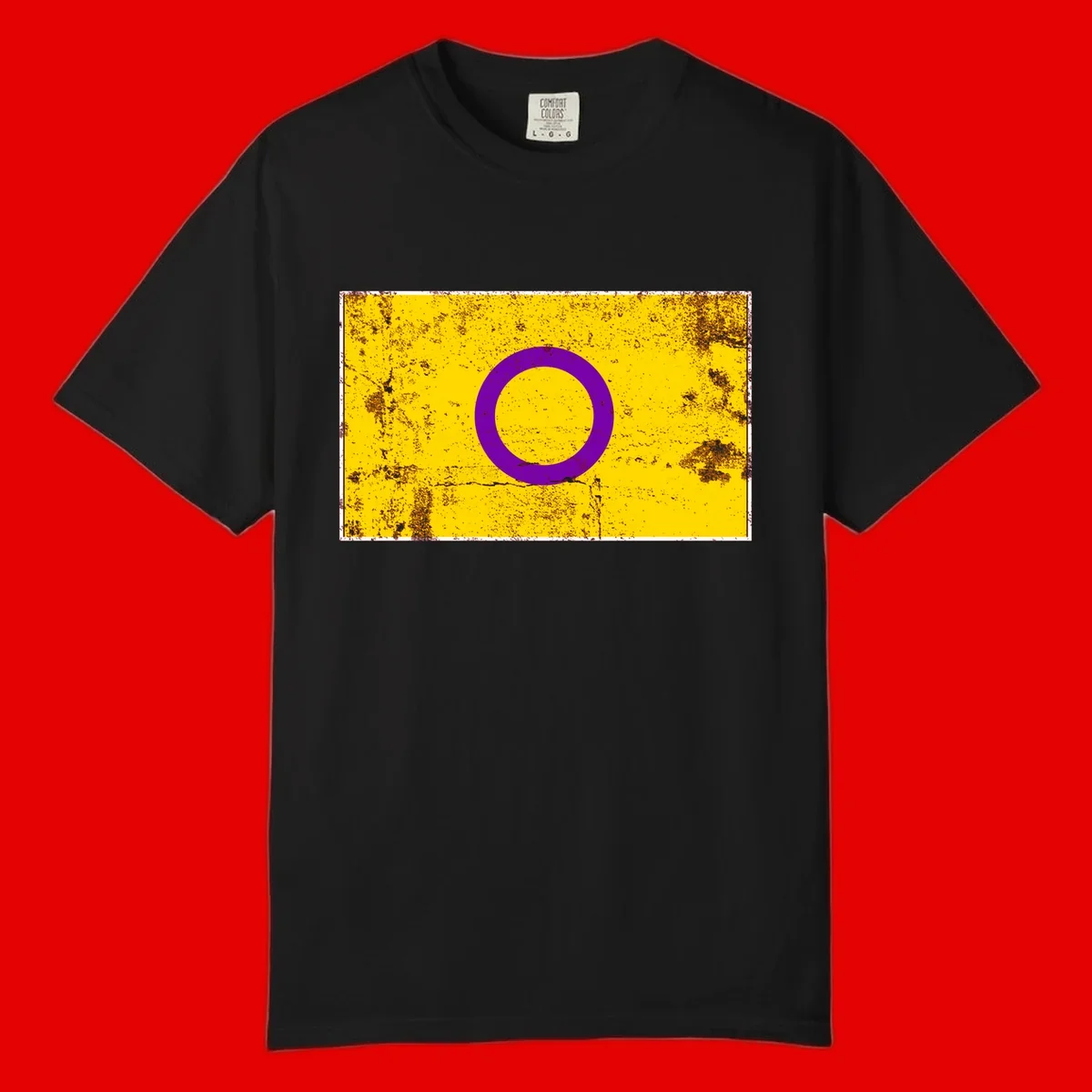Purple circle ring on yellow background with distressed grunge texture overlay, minimalist geometric design