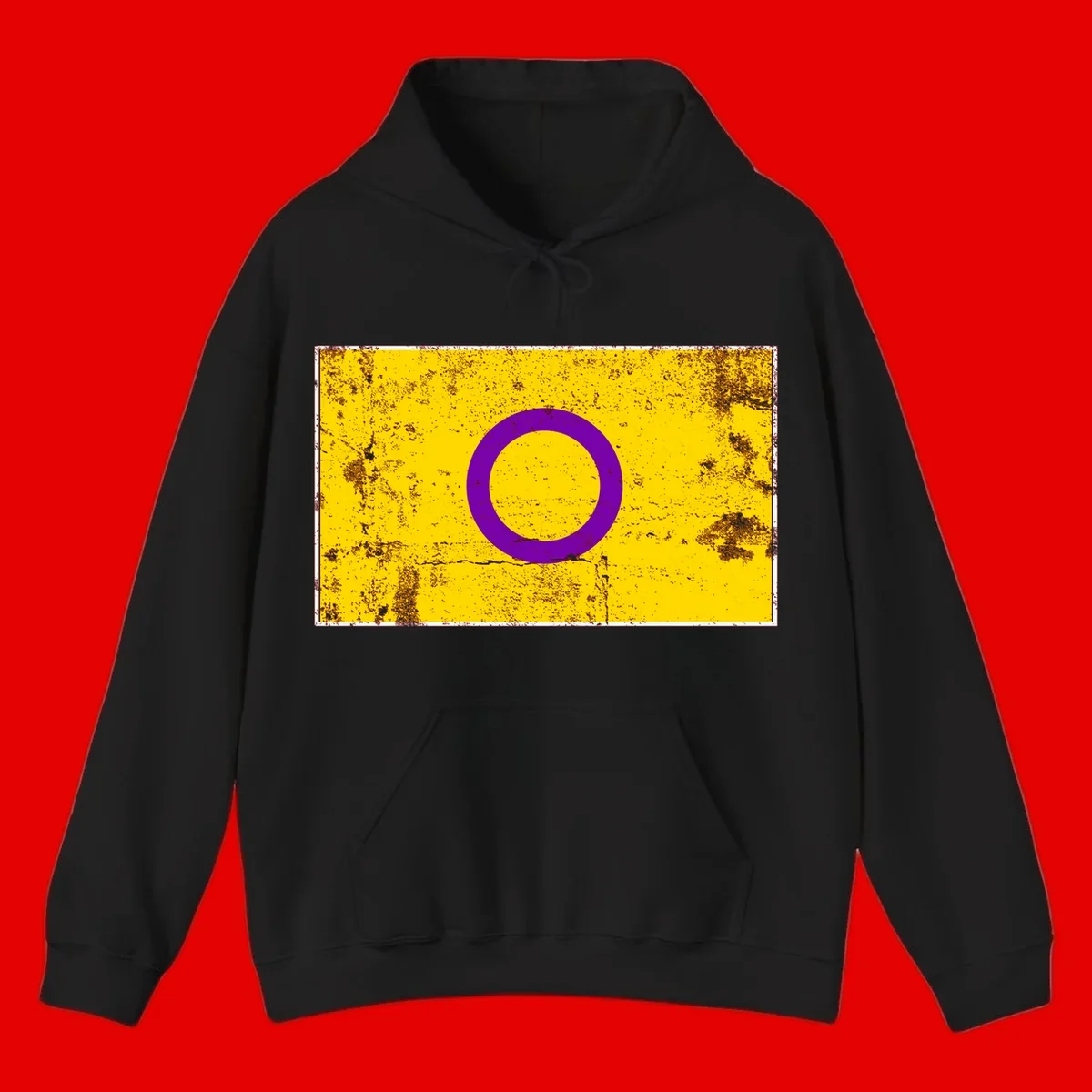 Purple circle ring on yellow background with distressed grunge texture overlay, minimalist geometric design