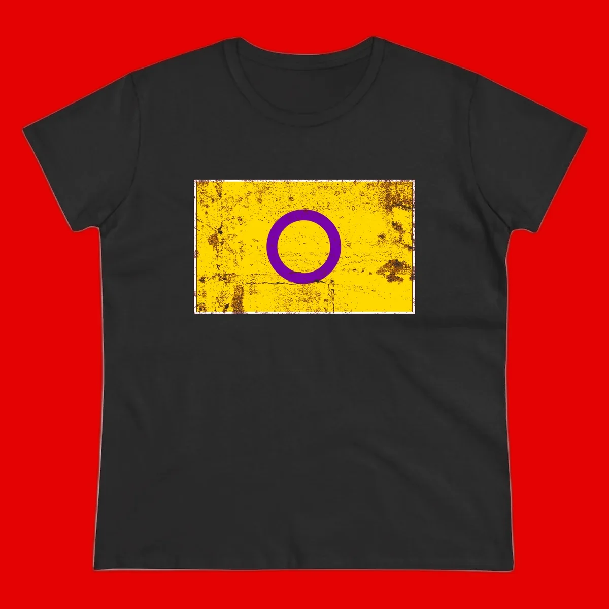 Purple circle ring on yellow background with distressed grunge texture overlay, minimalist geometric design