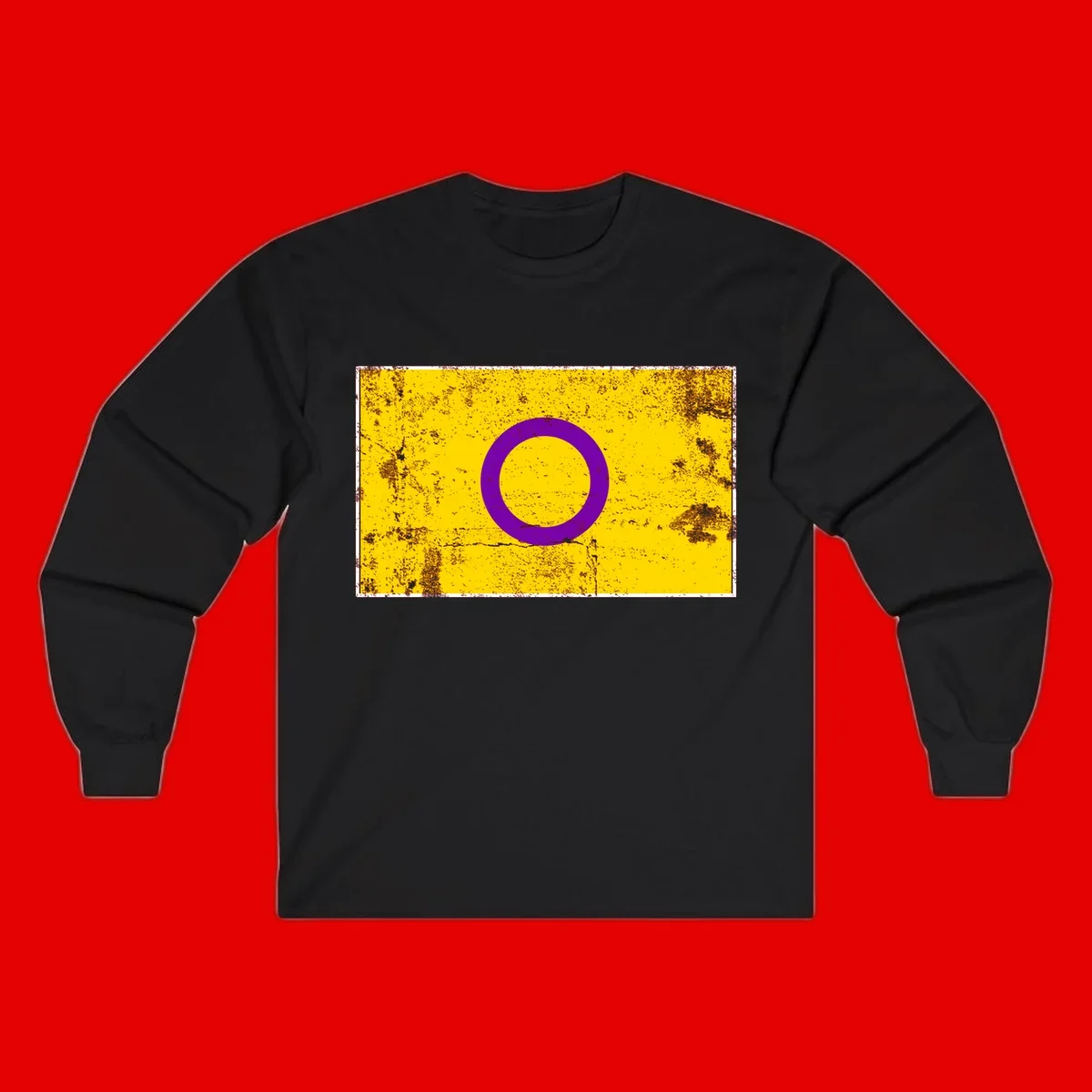 Purple circle ring on yellow background with distressed grunge texture overlay, minimalist geometric design