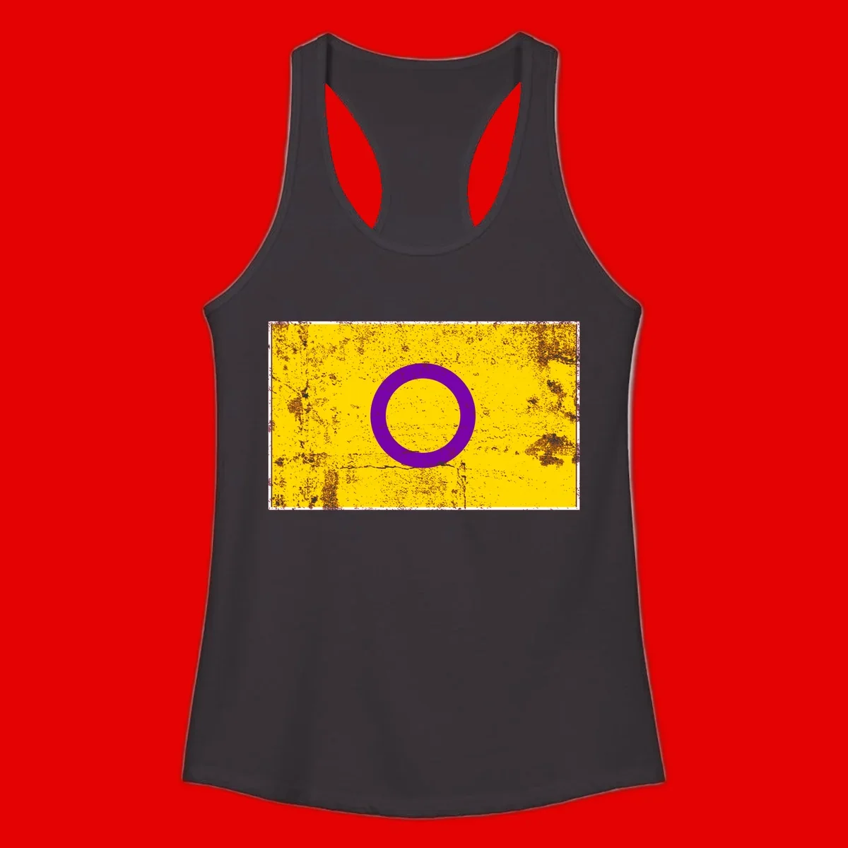 Purple circle ring on yellow background with distressed grunge texture overlay, minimalist geometric design