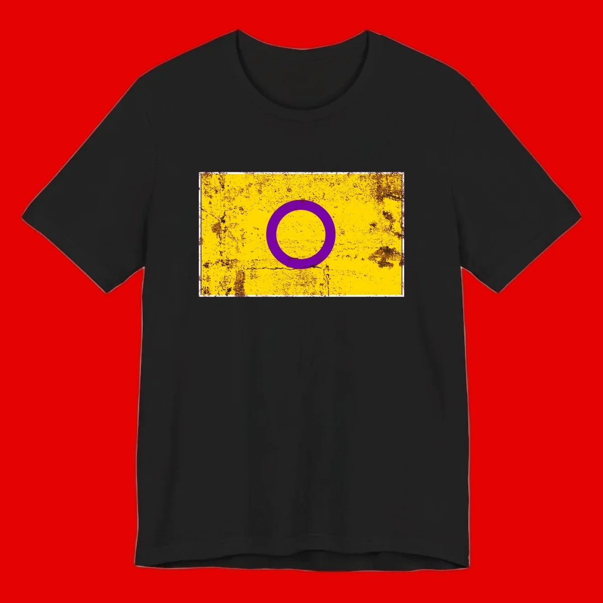 Purple circle ring on yellow background with distressed grunge texture overlay, minimalist geometric design