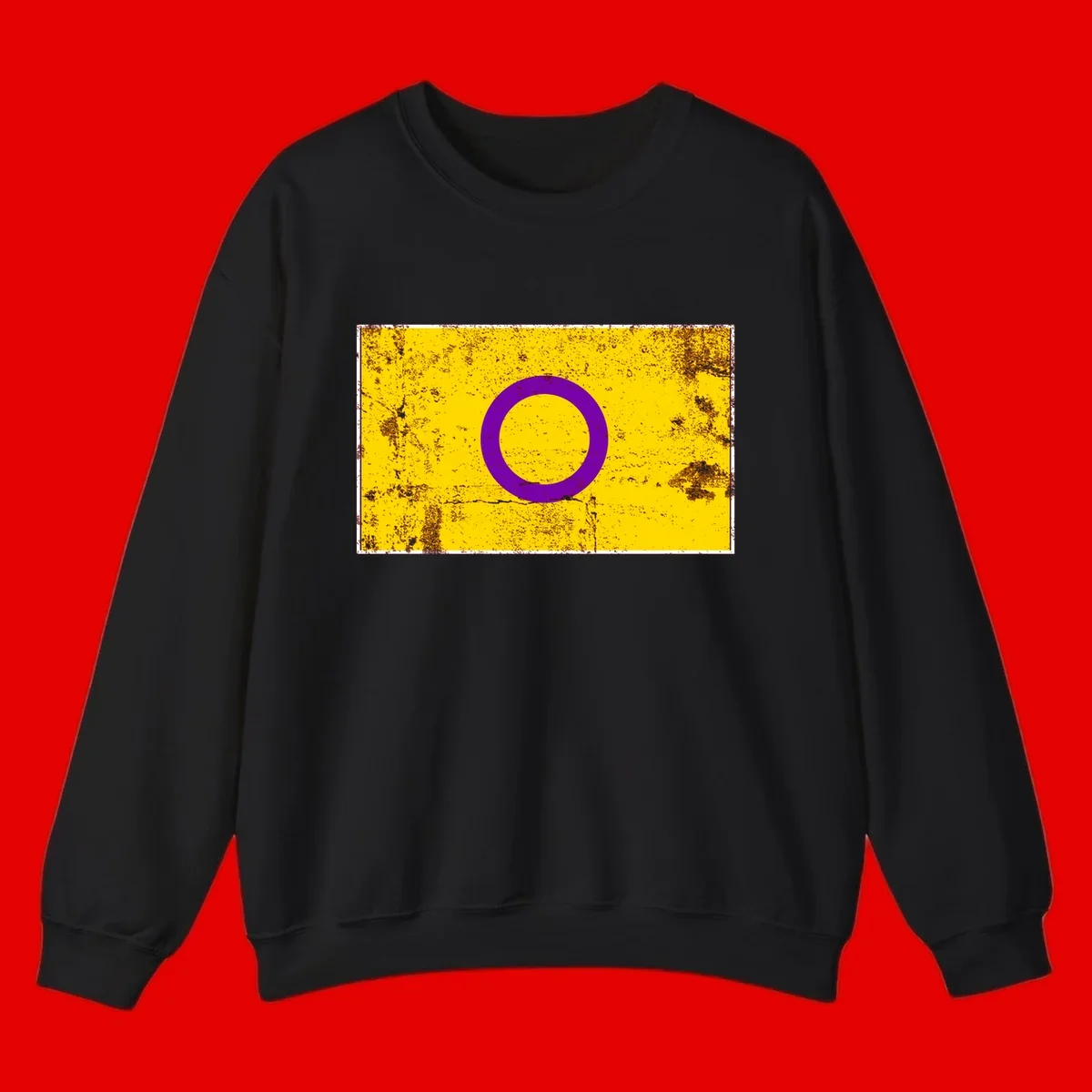 Purple circle ring on yellow background with distressed grunge texture overlay, minimalist geometric design