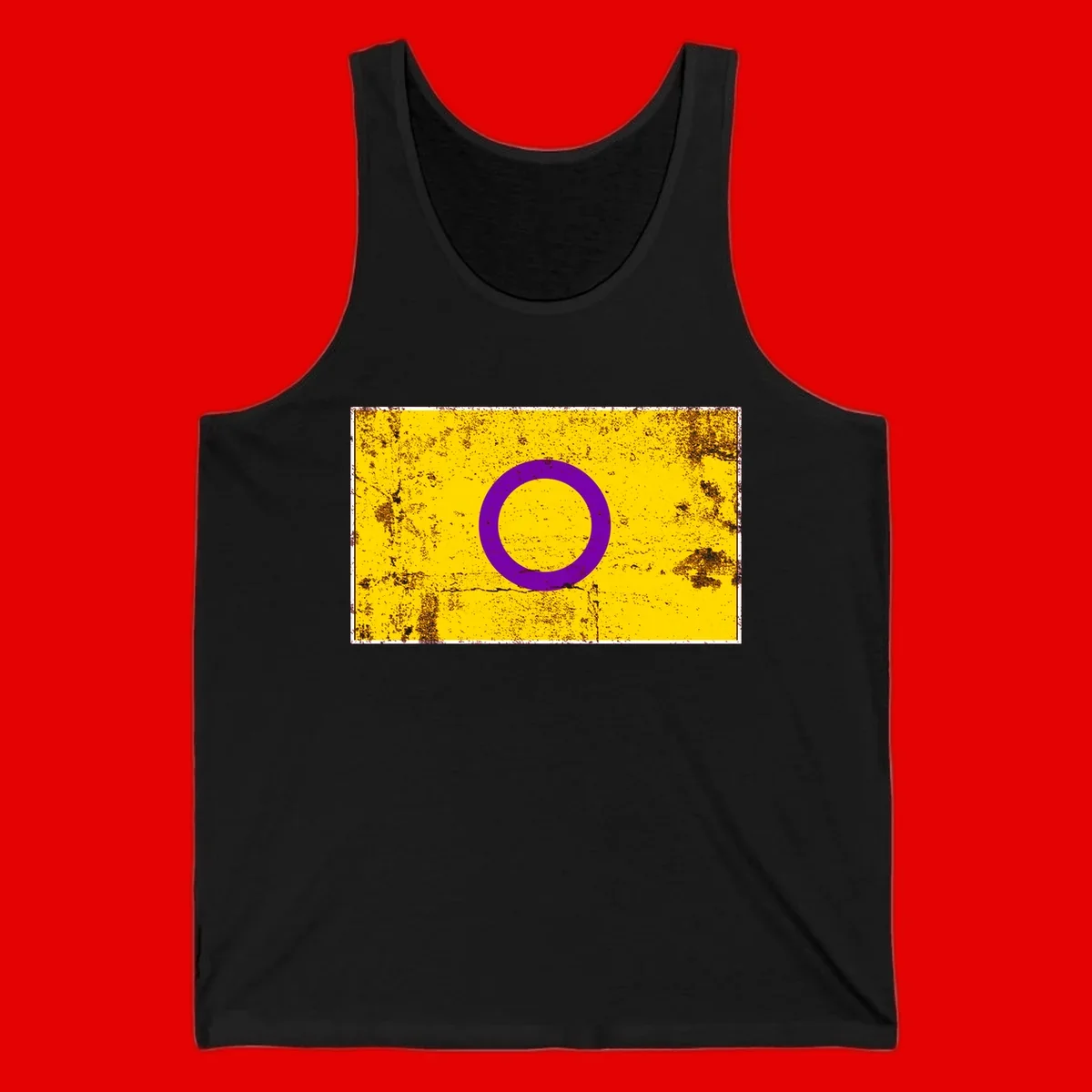 Purple circle ring on yellow background with distressed grunge texture overlay, minimalist geometric design