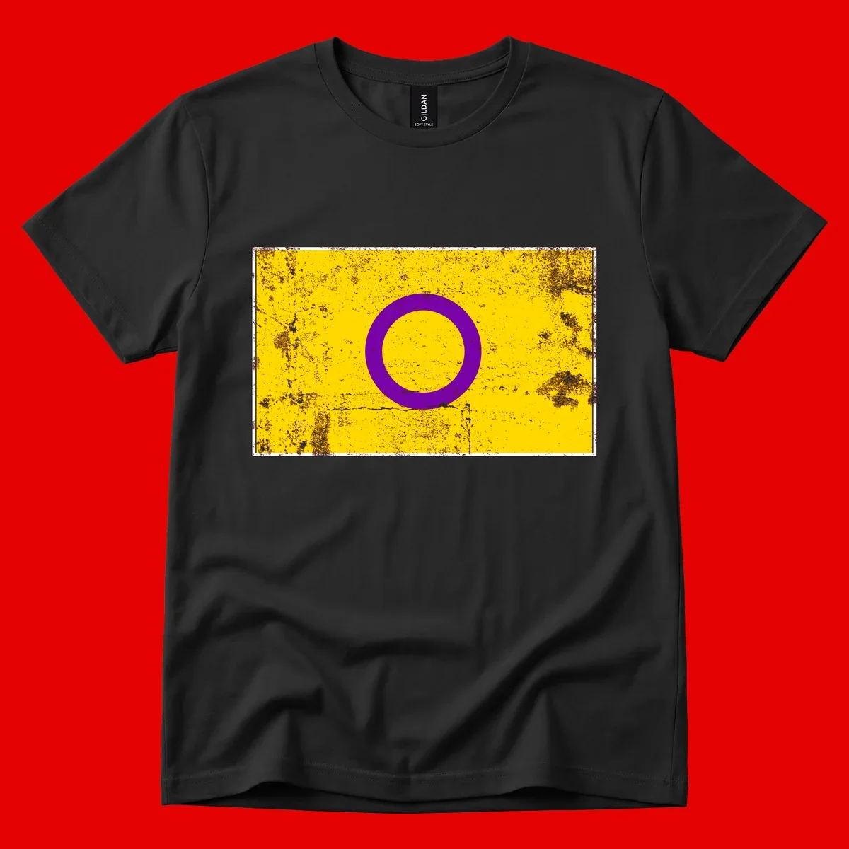 Purple circle ring on yellow background with distressed grunge texture overlay, minimalist geometric design