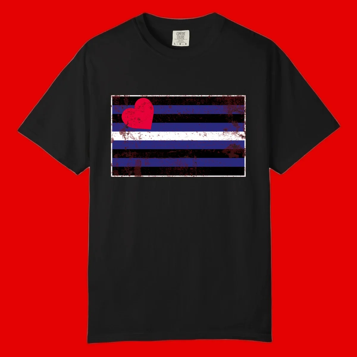 Red heart with blue, black, and white horizontal stripes in distressed grunge style pride design