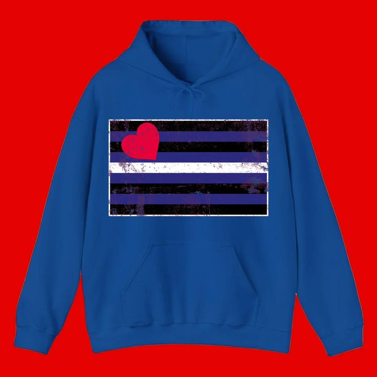 Red heart with blue, black, and white horizontal stripes in distressed grunge style pride design