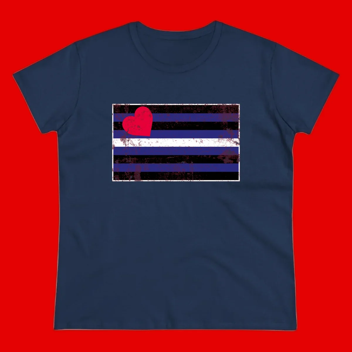 Red heart with blue, black, and white horizontal stripes in distressed grunge style pride design