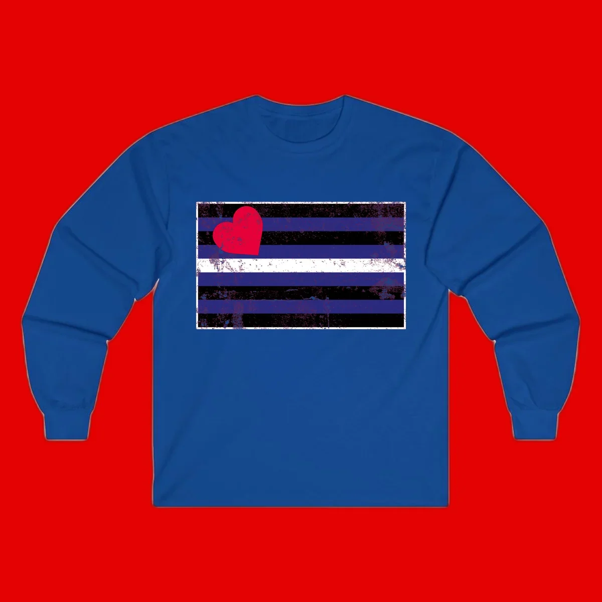 Red heart with blue, black, and white horizontal stripes in distressed grunge style pride design