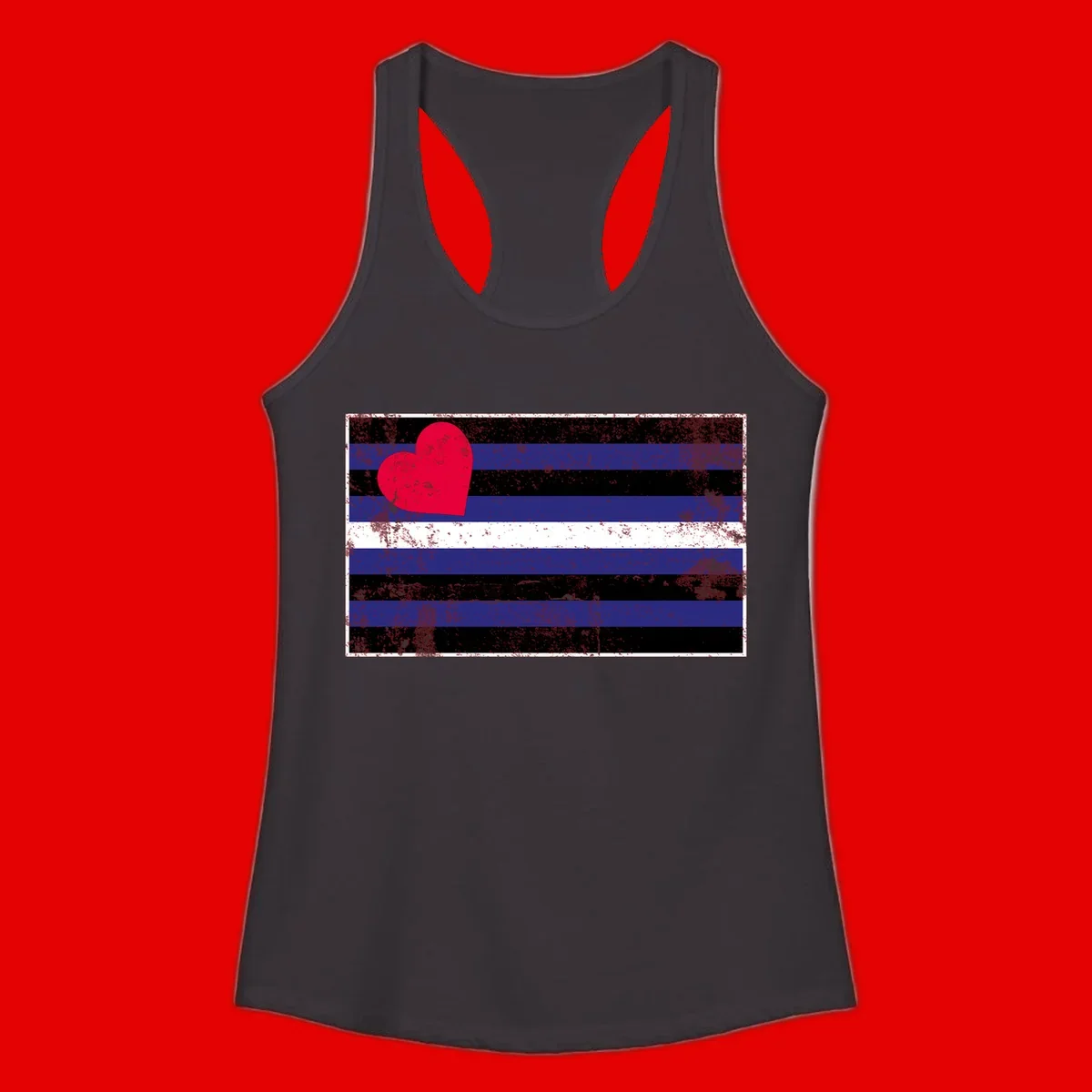 Red heart with blue, black, and white horizontal stripes in distressed grunge style pride design