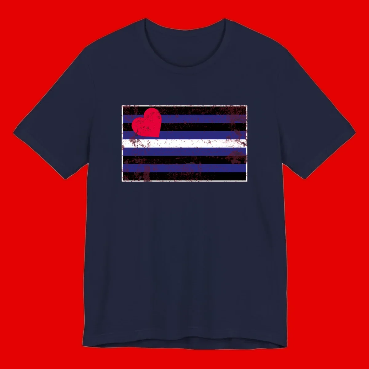 Red heart with blue, black, and white horizontal stripes in distressed grunge style pride design
