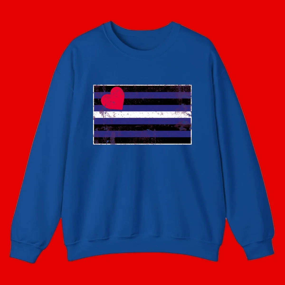 Red heart with blue, black, and white horizontal stripes in distressed grunge style pride design