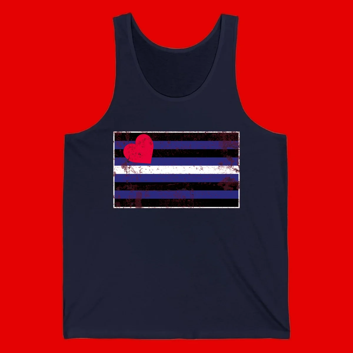 Red heart with blue, black, and white horizontal stripes in distressed grunge style pride design