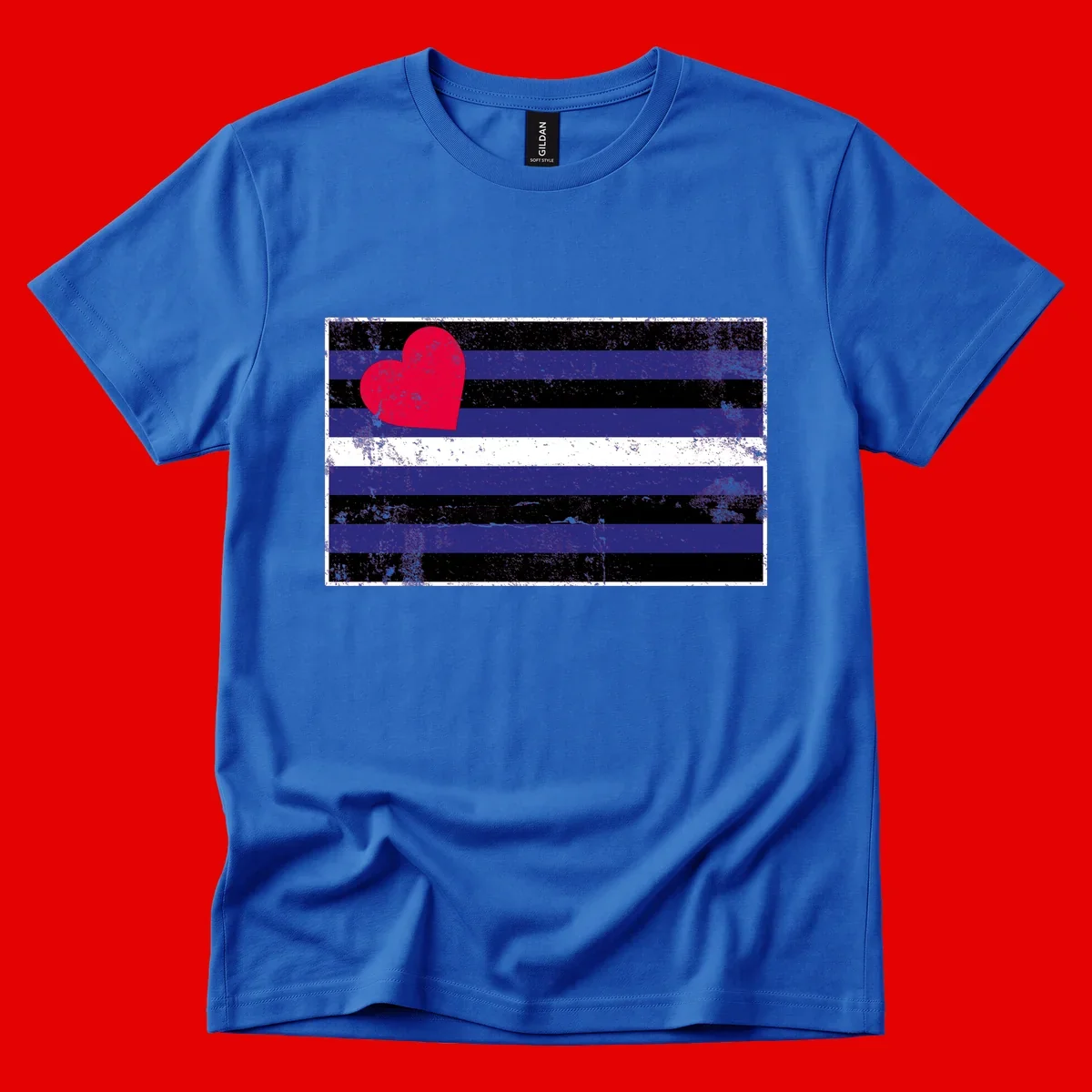 Red heart with blue, black, and white horizontal stripes in distressed grunge style pride design