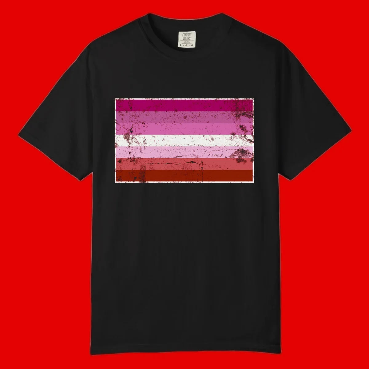 Distressed lesbian pride flag with seven horizontal stripes in magenta, pink, white, and red tones with grunge texture overlay