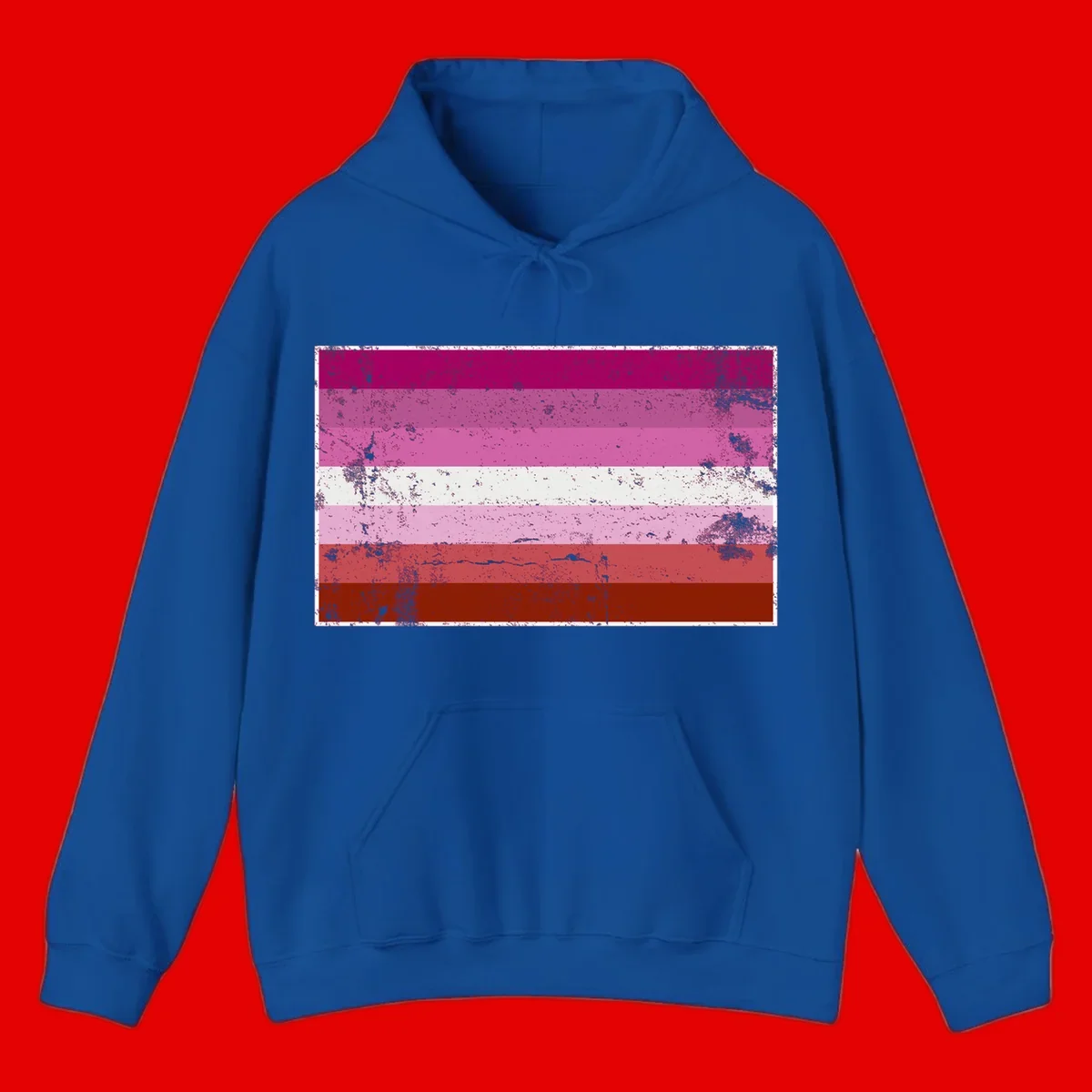 Distressed lesbian pride flag with seven horizontal stripes in magenta, pink, white, and red tones with grunge texture overlay