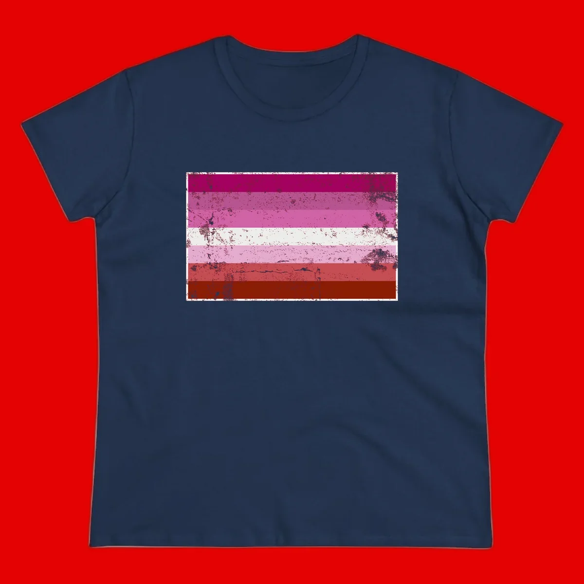 Distressed lesbian pride flag with seven horizontal stripes in magenta, pink, white, and red tones with grunge texture overlay