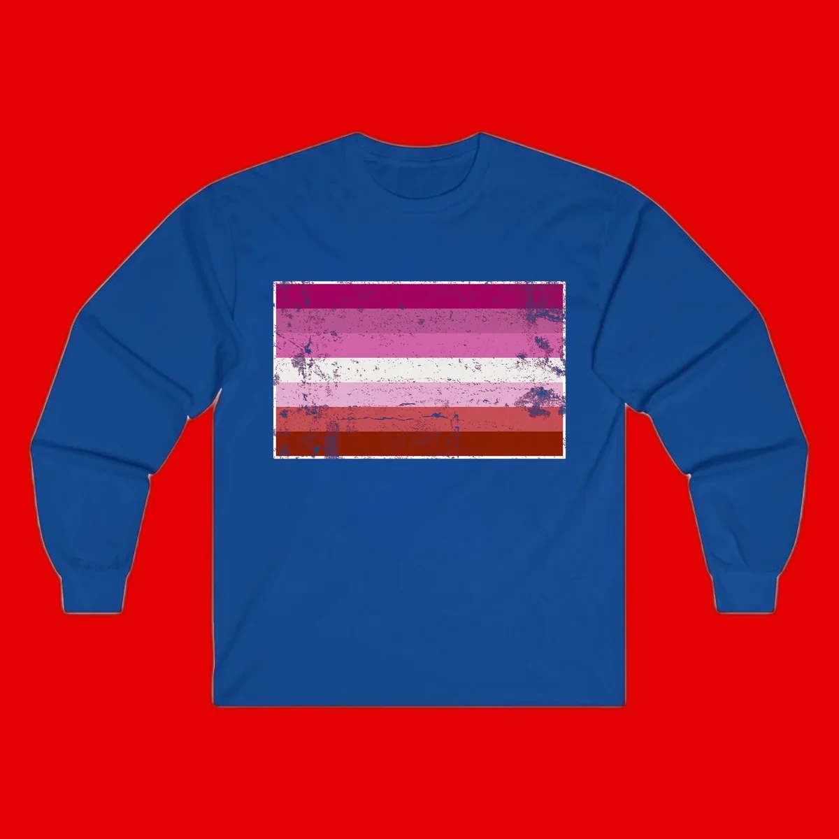 Distressed lesbian pride flag with seven horizontal stripes in magenta, pink, white, and red tones with grunge texture overlay