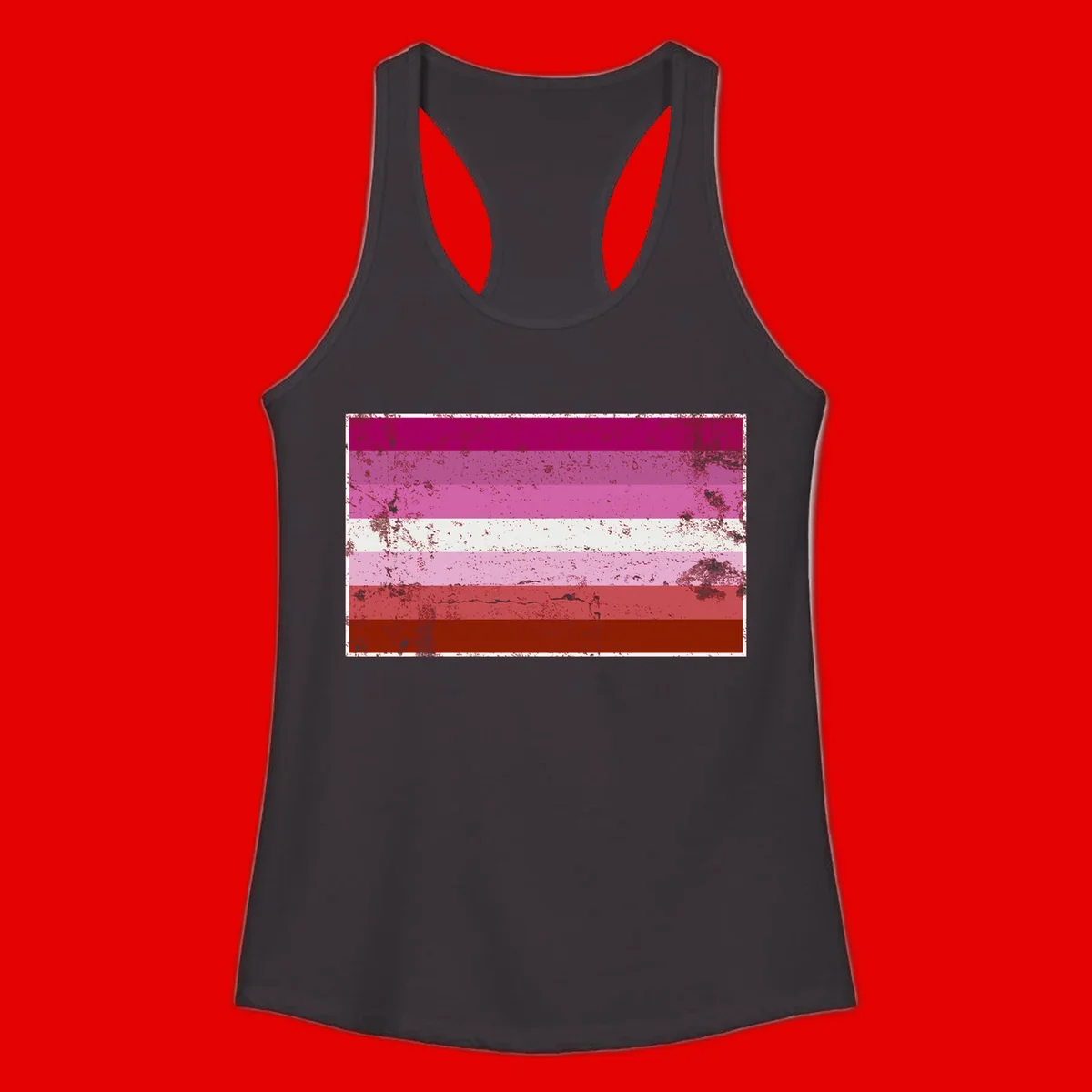 Distressed lesbian pride flag with seven horizontal stripes in magenta, pink, white, and red tones with grunge texture overlay